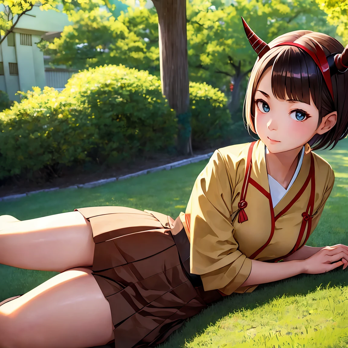  A girl in a Japanese school uniform , short brown hair with servant horns, big bright green eyes ,Boca Kwai  