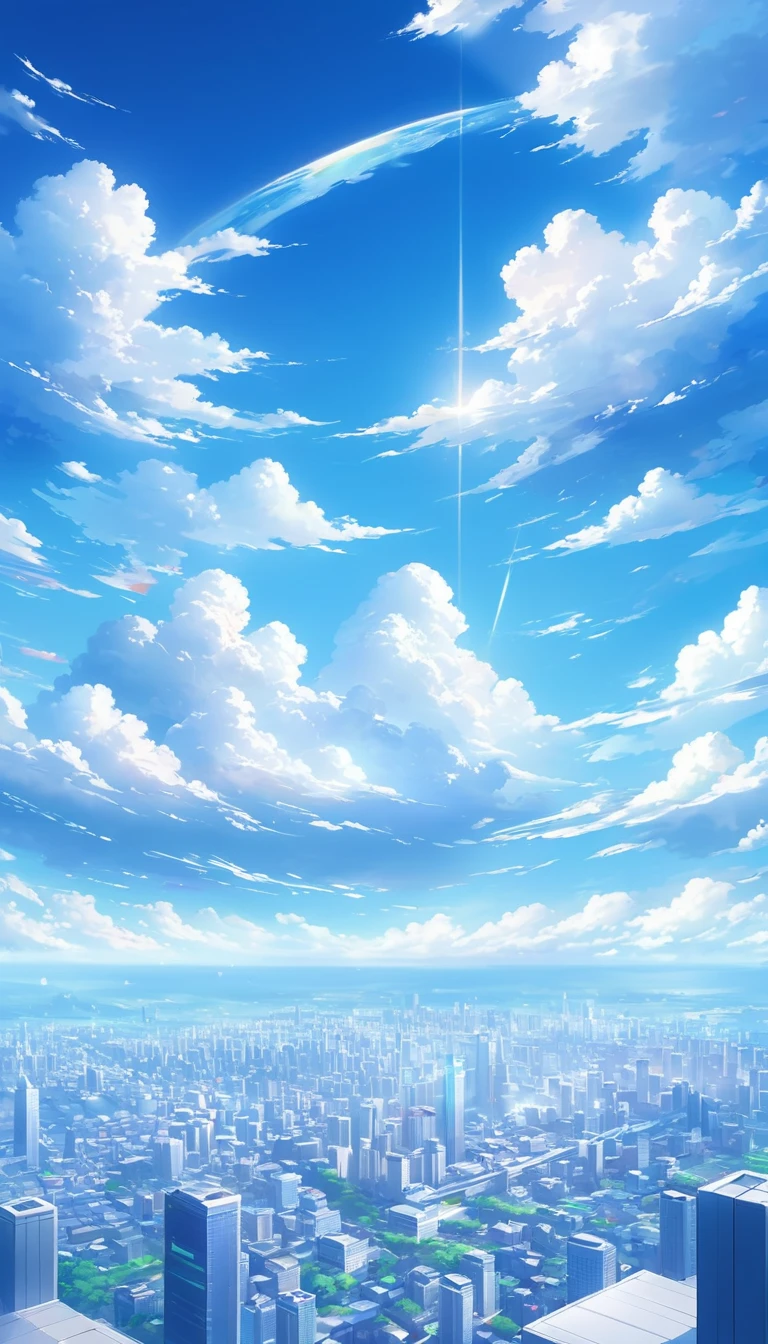  Scenery overlooking the city on a clear day   。  blue sky and white clouds spread out   、 The city can be seen below   。   the sunlight shines at an angle     。   it has a fantastic and mysterious atmosphere  {x} 、   drawn with a composition as if it were floating in the air 。
