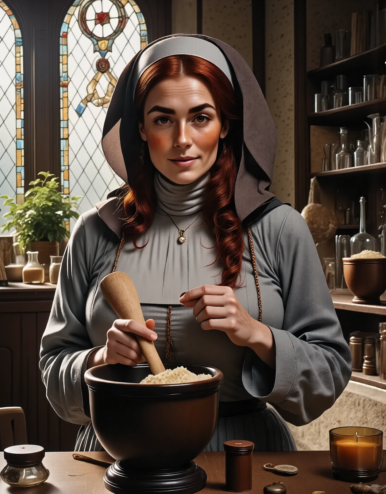 Photorealistic, cinematic style, a picture of a beautiful British woman dressed in a nun's outfit, working in a medieval monastery hospital preparing medicine. She's using a mortar and pestle. Work table with herbs and glassware. Preparing medicine. She's wearing a grey nun's gown, rope around her waist, white headscarf. She's got brown eyes, downturned eye shape, light skin and freckles, long reddish-brown hair, braided hairstyle. A tranquil monastery apothecary room. Arched stained glass window. Stonework. perfect hand,HDR, intricate details ,
