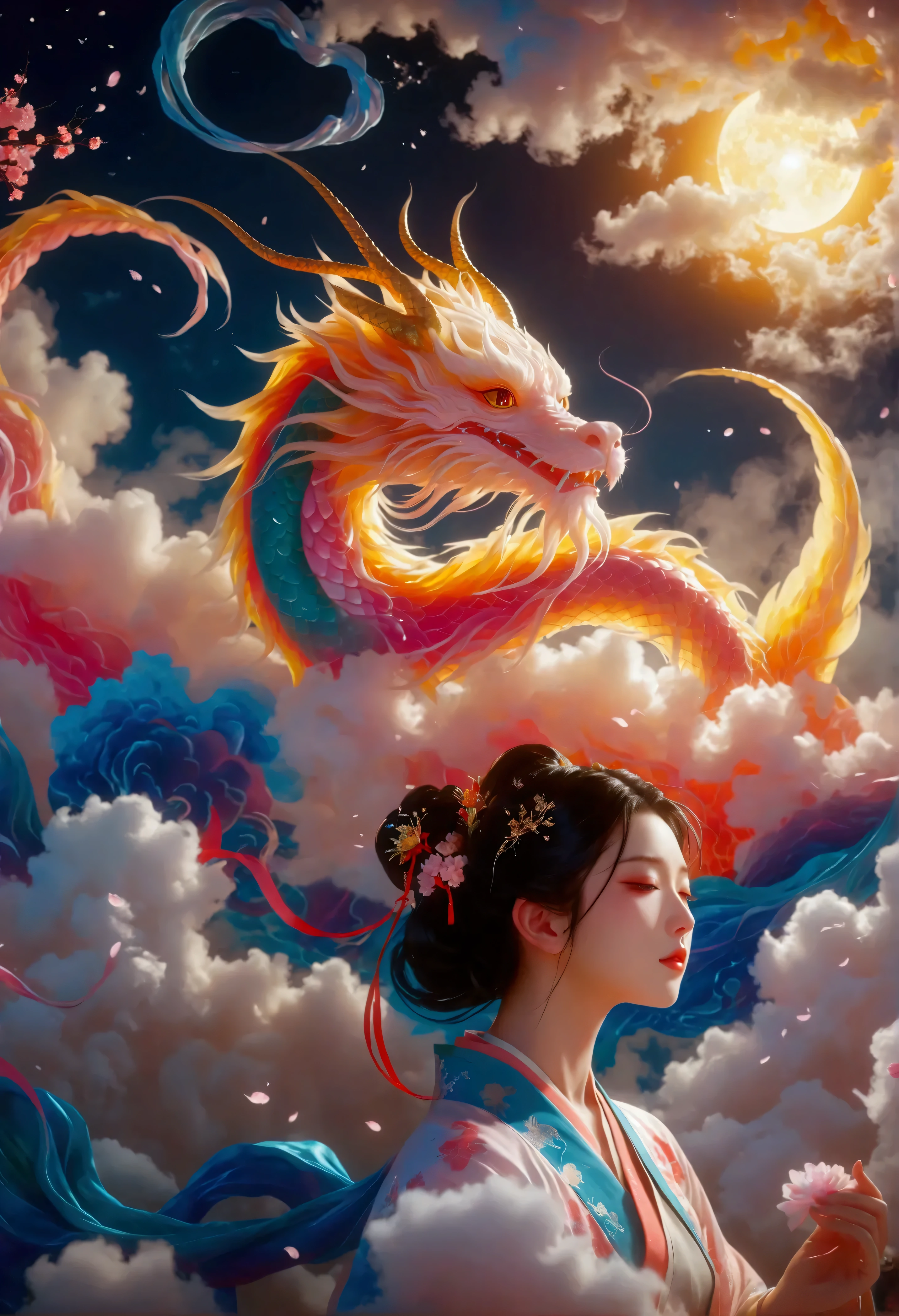 [vision:1.0]，[Wide angle:1.0]，Japan's blue dragon sleeping above the clouds,  Translucent Glass Brushes ,  Dark and Gold and Blue Style ,  Aesthetics of Japanese Anime ,  furry art , pink, Exquisite , 3d, C4D Rendering, 8k, Ultra high detail, bright colors，bright，Ultra high color，RGB, colorful)，( high contrast:1.5)，(whole body:1.8), magazine photo ， Popular on Social Platforms，(( dopamine ism))，((( dopamine  color matching)))， dopamine ，(Y2K風に)，Japanese Goddess,  Three-dimensional Ancient Style ，Japanese Poems and Paintings 