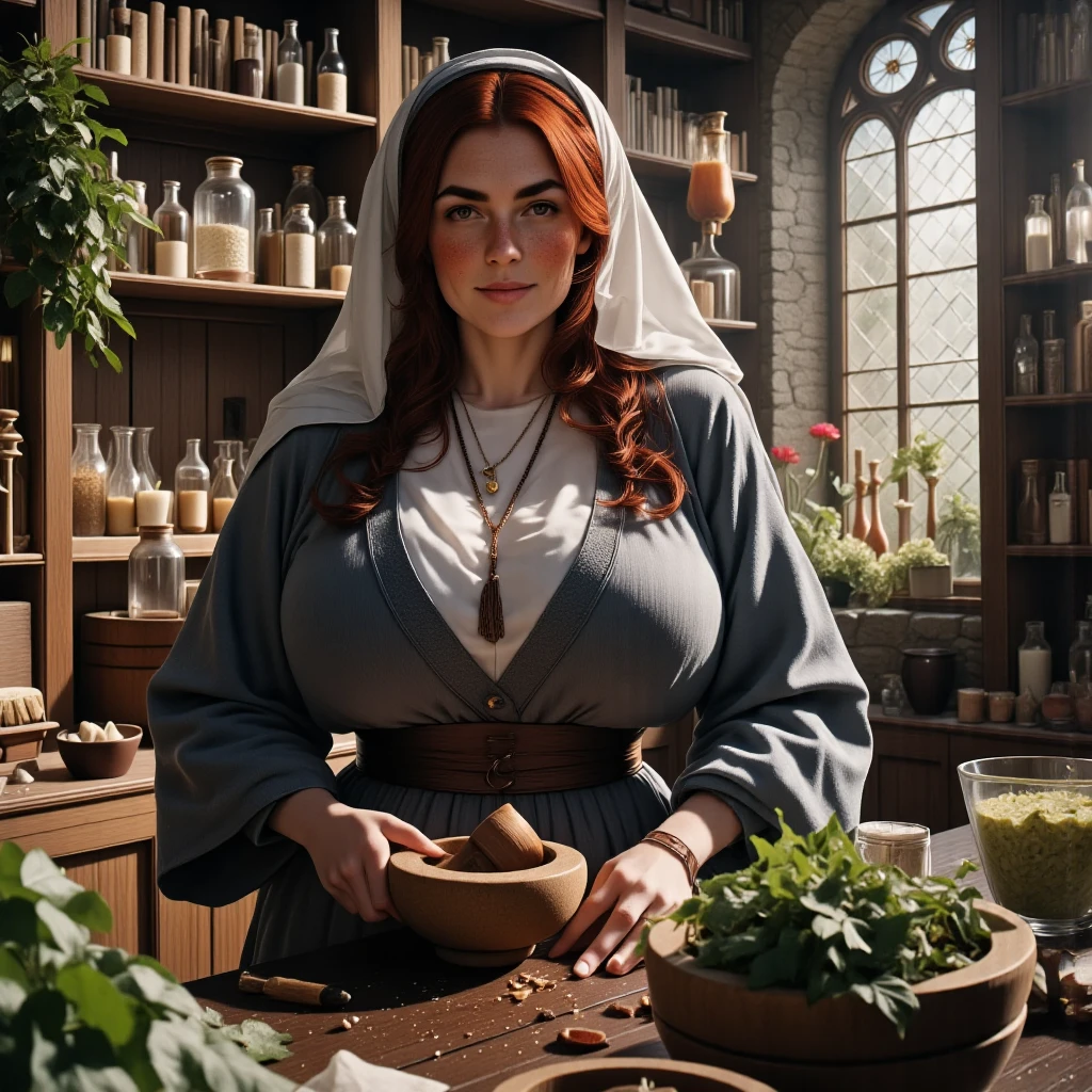 Photorealistic, cinematic style, a picture of a beautiful British woman dressed in a nun's outfit, working in a medieval monastery hospital preparing medicine. She's using a mortar and pestle. Work table with herbs and glassware. Preparing medicine. She's wearing a grey nun's gown, rope around her waist, white headscarf. Smiling.  She's got brown eyes, downturned eye shape, light skin and freckles, long reddish-brown hair, braided hairstyle. A tranquil monastery apothecary room. Arched stained glass window. Stonework. perfect hand,HDR, intricate details , 