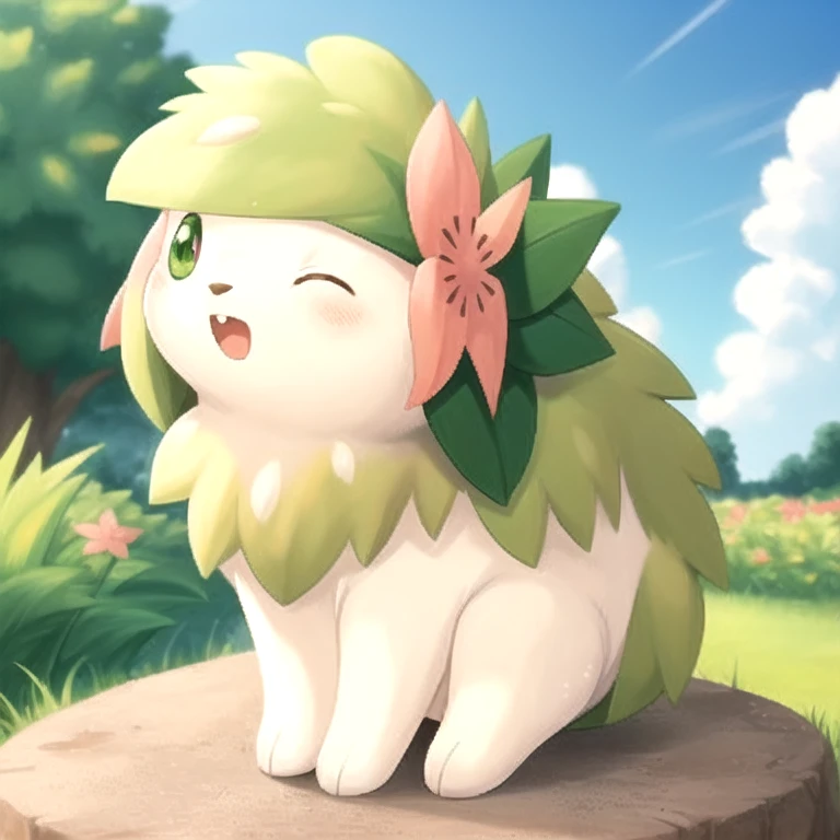 land forme shaymin, feral, solo, standing four paws, land forme shaymin, whole body, animal, hair flower, park setting, very short legs, very short paws, feral, standing four paws, looking to sky,