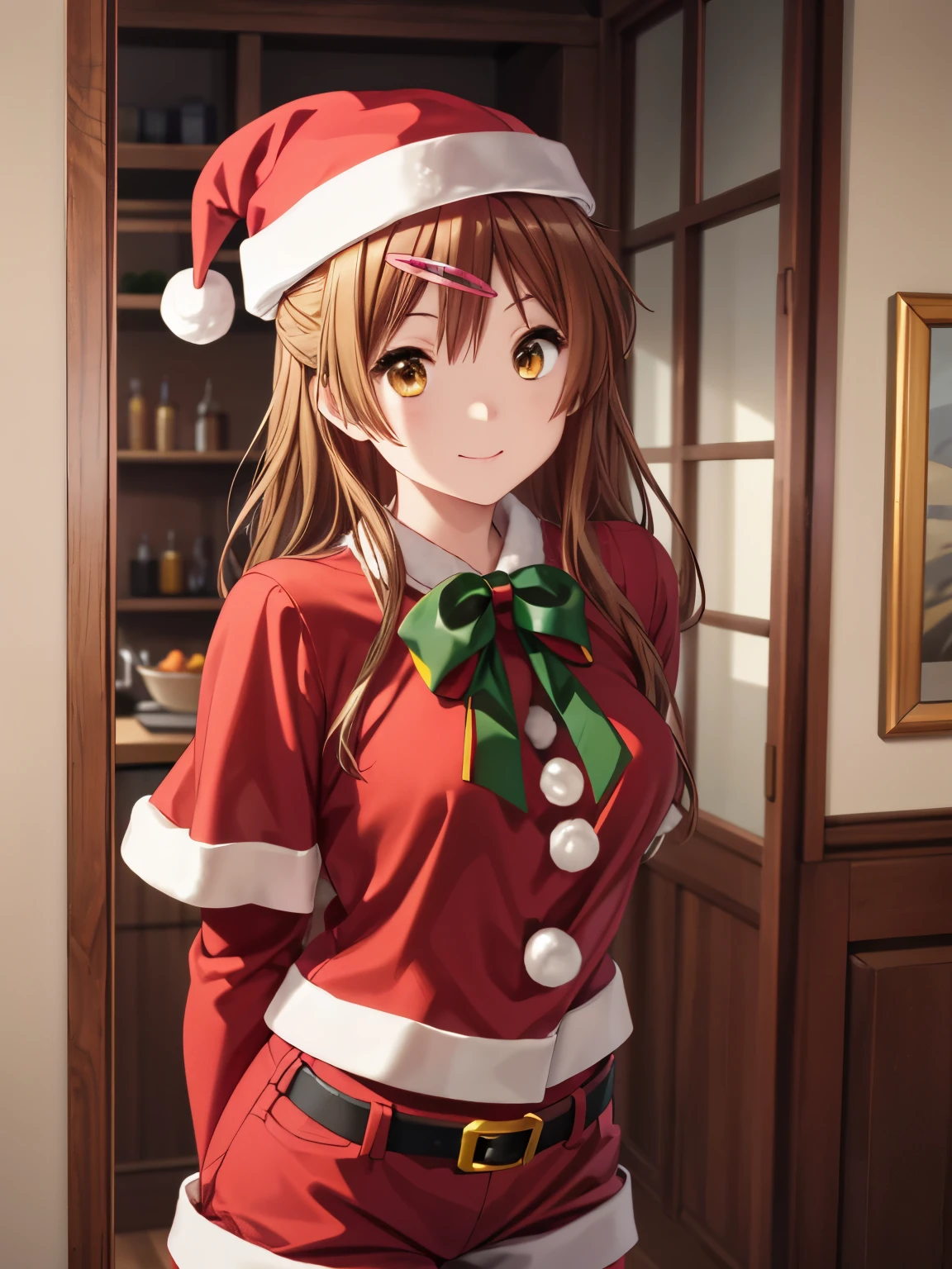 masterpiece,最 high quality, high definition,Super detailed,Nyuya Morika,Long Hair, One side up, hair clip that invites you with your hand,indoor,Cafe,smile, (Advanced Details, high quality:1.3)、Beautiful black hair 、 closed mouth、smile、 (Santa hat、Santa costume:1.5)、(Genuine、Realistic、Realistic:1.2)、 high definition、超 high definition、Fine painting、Physically based rendering、 cowboy shot