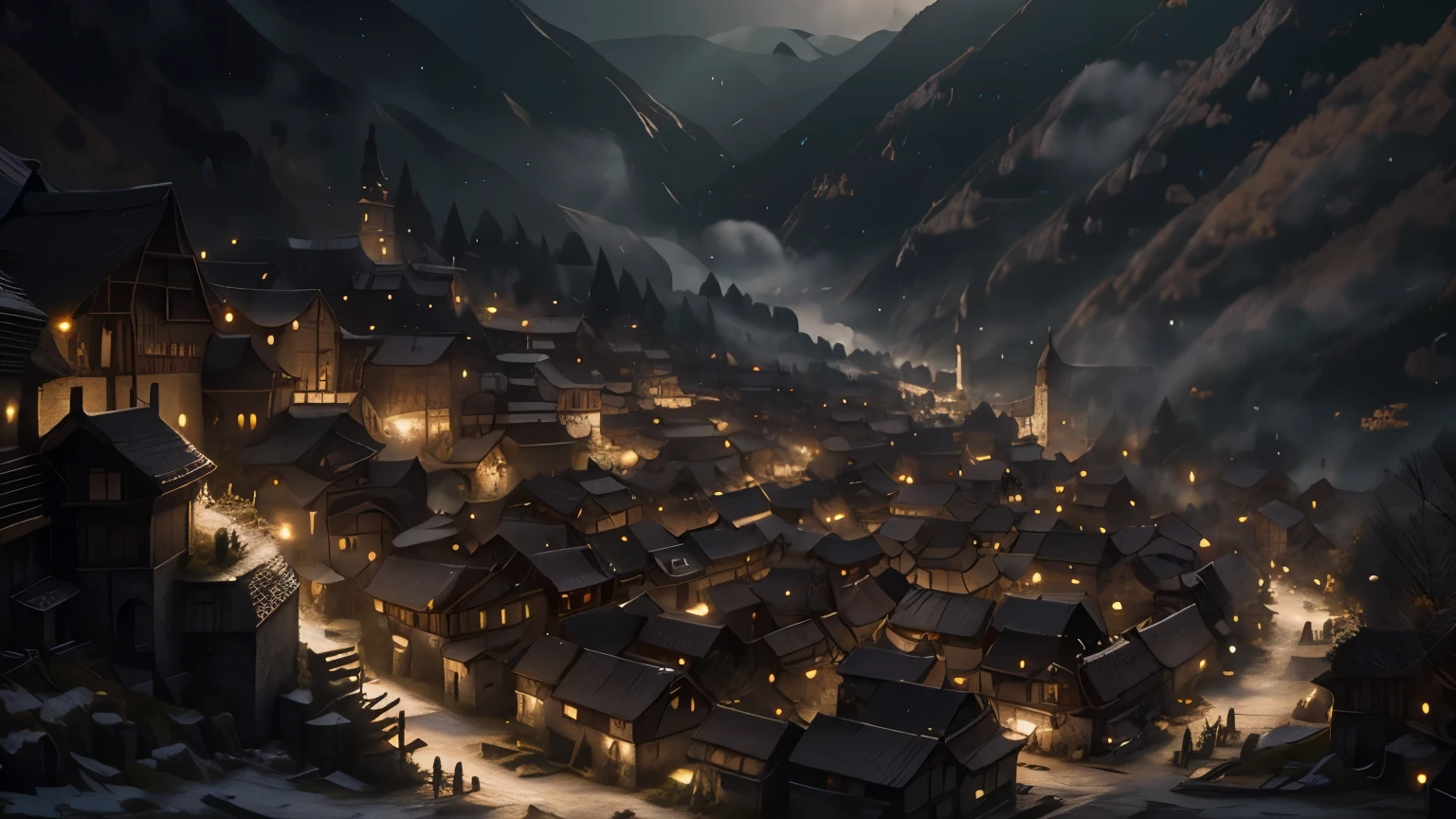 best quality , Masterpiece,4K,Scenery , Images of a medieval town in the heart of a beautiful vast valley, Wang Weng has only flickering lights.,There are trees and rivers.