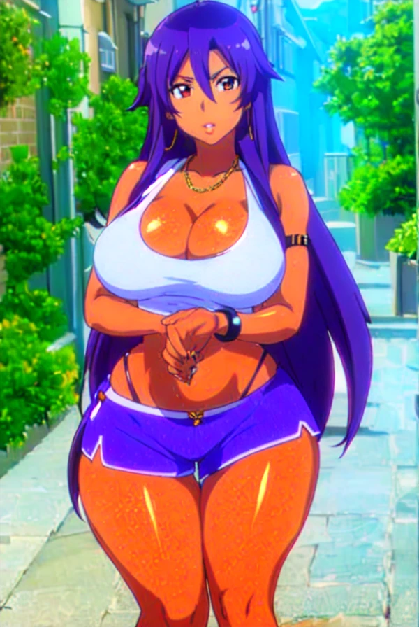 Asuna yuuki,purple hair,big breast,cleavage,brown eyes,Thick lips,puckered lips,tanned Brown  skin,Curvy figure,Gold chain necklace,Hoopa earring,long nail,Hoopa bracelet,thick messy wavy hair,hotpants,Tank top,Smirk