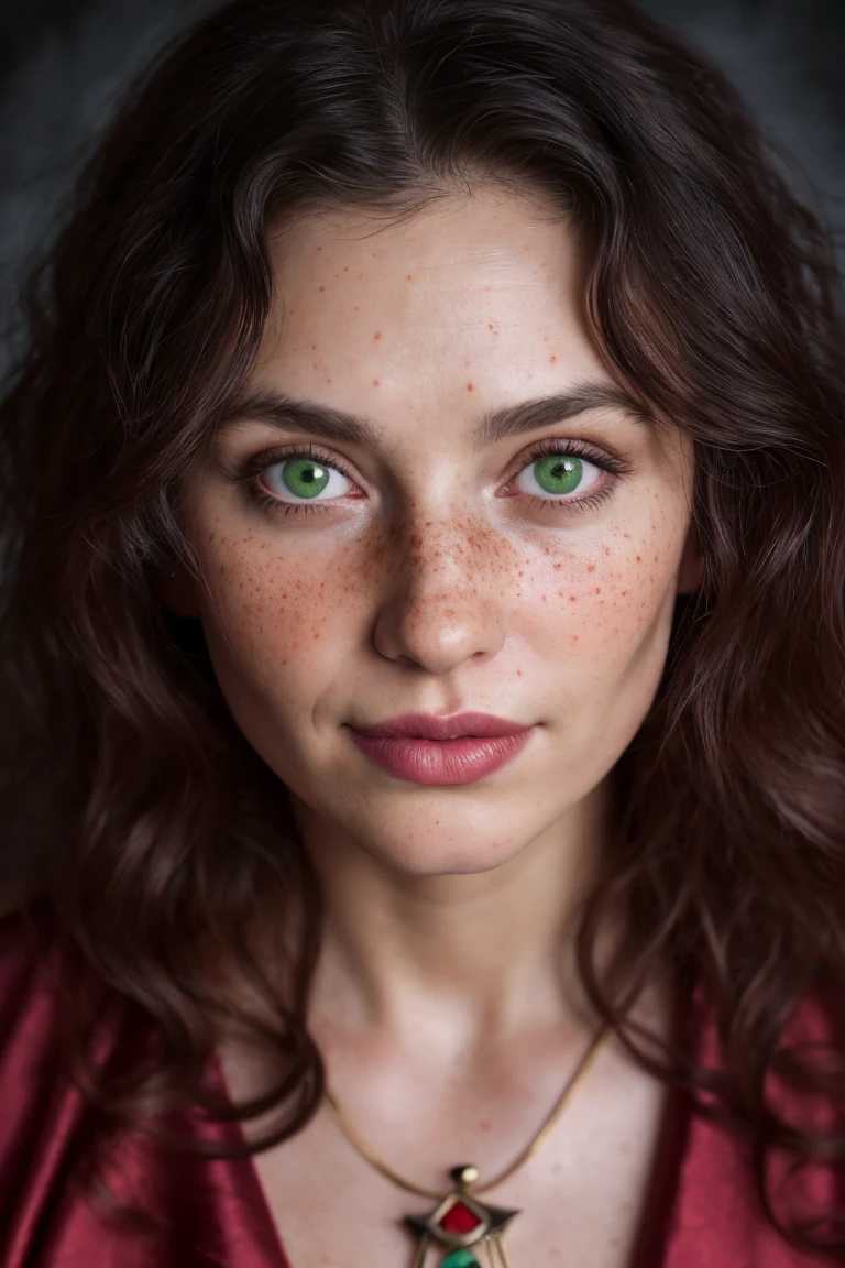 (close-up, editorial photograph of a 30 year old woman), (highly detailed face:1.4) (smile:0.7) (background inside dark, moody, private study:1.3) POV, by lee jeffries, nikon d850, film stock photograph ,4 kodak portra 400 ,camera f1.6 lens ,rich colors, hyper realistic ,lifelike texture, dramatic lighting , cinestill 800, wavy hair, messy hair, curls, Mischievous smirk, Black hair, green eyes, freckles, Crimson Cloak, Purple Robe, Jewels, Necklace, Witchcraft, Red Aura, Sumerian woman, sumerian skin, Sumerian expression, Astral Plane, Scarlet Woman, Babalon, Thelema