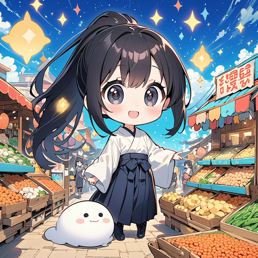 blue sky, market, bean curd in small aquarium, (sparkle:1.2),
1 girl, cute, chibi anime, slender, pale skin, long black hair, ponytail, floating hair, big droopy eyes, black eyes,
hakama, boots, happy, smiling, looking away,
colorpencil, masterpiece, best quality, hyper detailed,