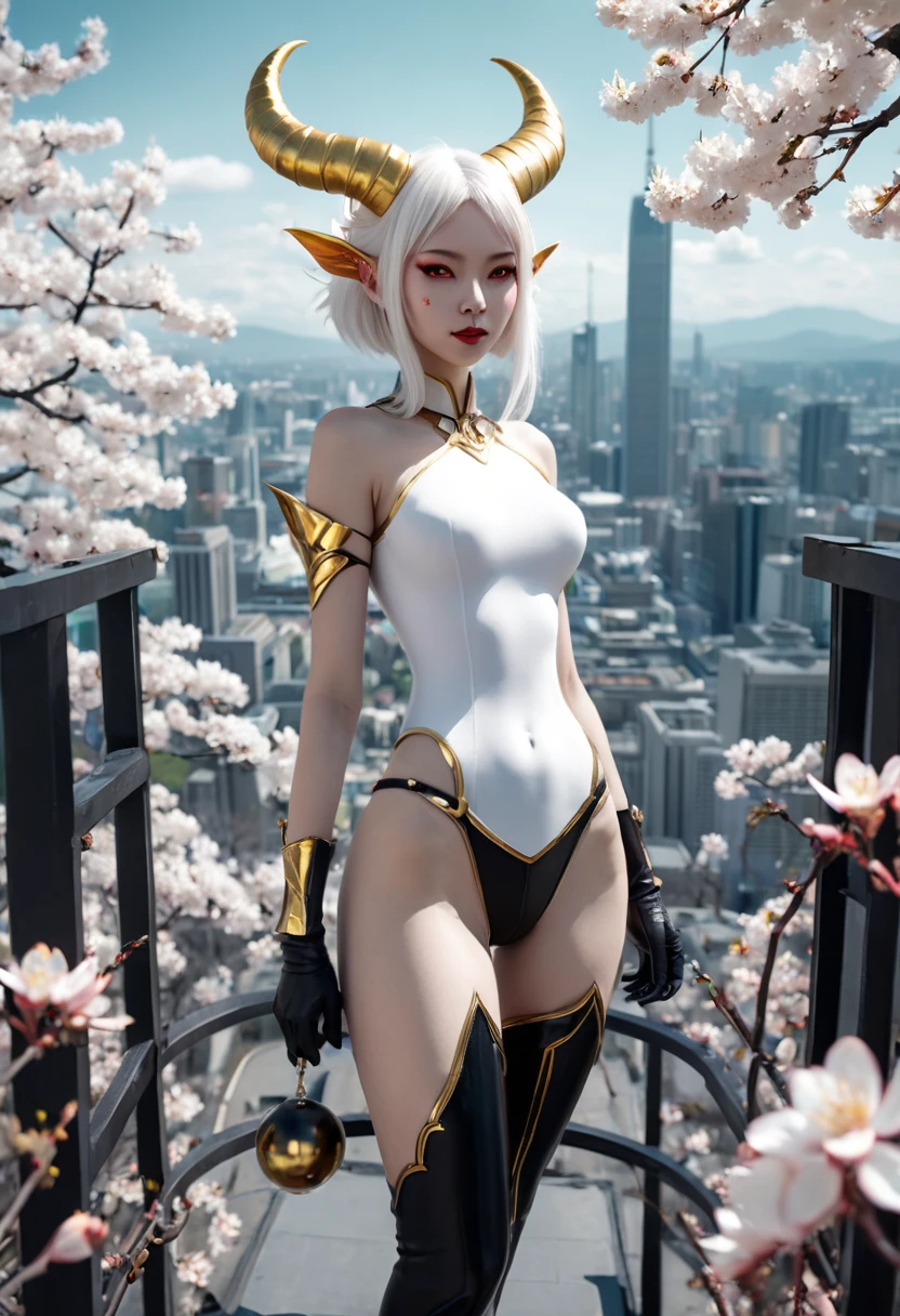 Pinhole photography, Realistic animation, Wide angle effect , Little Golden Horned Succubus Lady、Golden Glowing Succubus Tail （1.3）、Wearing a white mask（1.2）、 golden eyes （1.3），White Hair、Cherry blossoms、White short-sleeved T-shirt、Black leather trousers（1.2）、 put her hands in the coat pocket  ,  black boots , Overlooking the earth , From above,  focus on the face and eyes ,  super detailed,  Line Art ,style,ladder,platform,Astral Body , Multiple roles , Different roles , character design ,Terrifying and bloody, Signs of Death  ,  Very detailed,More details,  Smooth and Smooth Brushstrokes  , Shining neon lights ,City Skyline,Planetarium , dynamic posture,Single focus