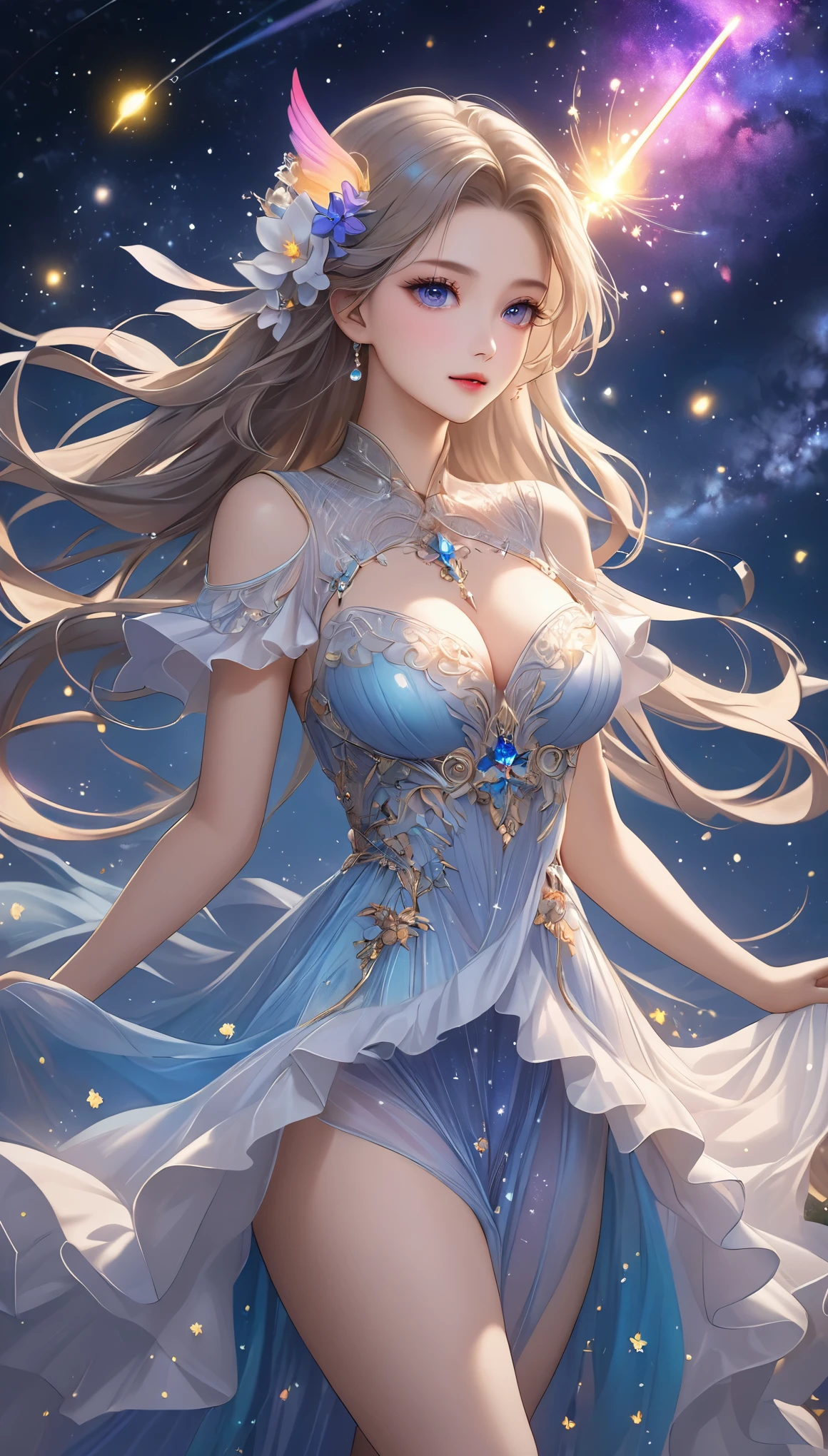Best Quality, great quality , 16k, unbelievably absurd, very detailed, 2.5D, Delicate and dynamic, Small Fireflies Flying with a Faint Light , Knight , Starry Sky, milky way, nebula, meteor, flower, bird, Wind and Moon, erotic , Only sexy women, Healthy body shape, 22-year-old woman, White Devil's Guide , 170cm tall, Big Firm Swaying Bust, Delicate eye depiction, Colorful magic wand, Intricate Structured Long Dress , Colorful long dresses, Sheer Sheer Long Dress with Ruffles