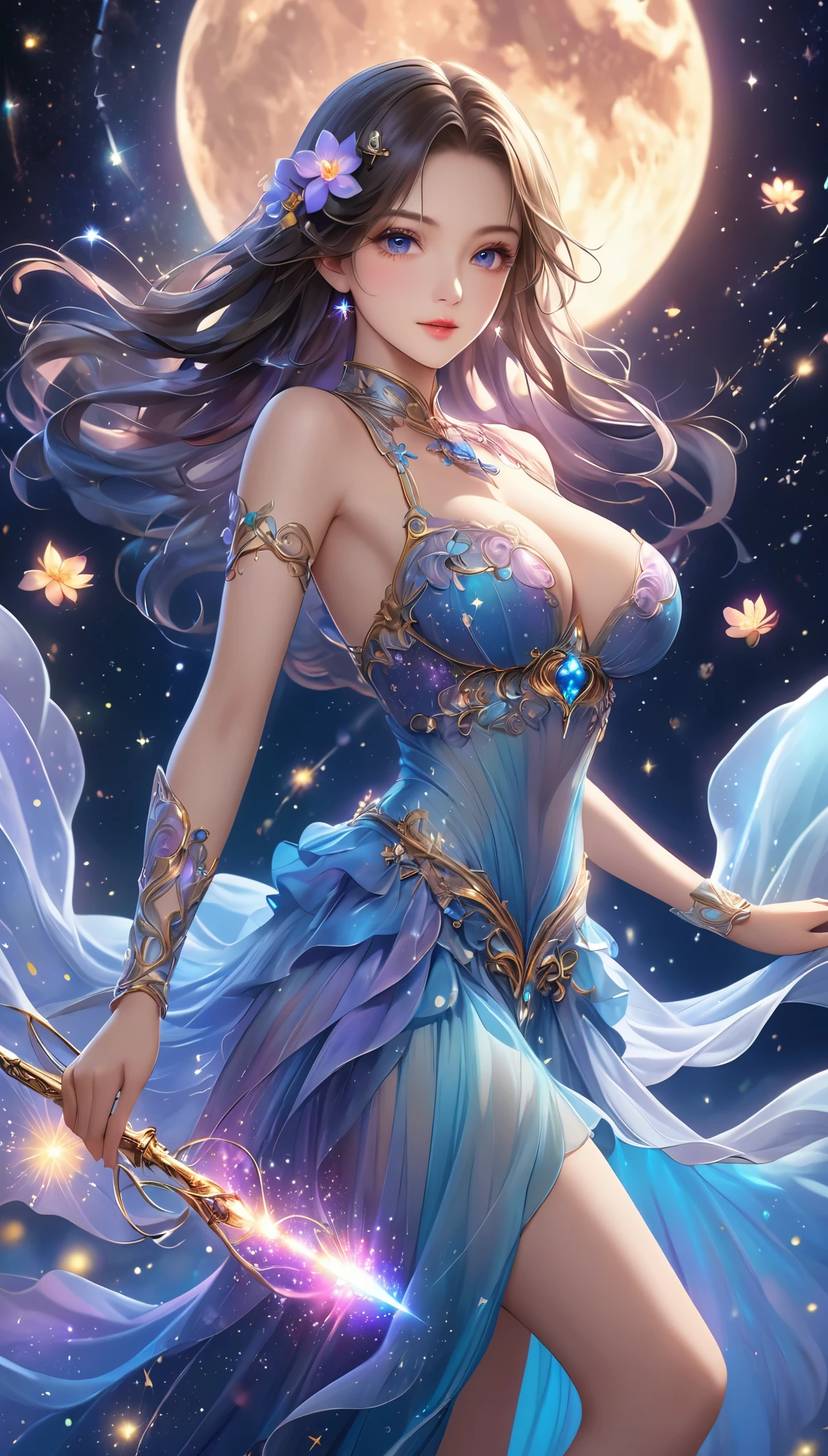 Best Quality,  high definition, High image quality, 8k,  very detailed, Delicate and dynamic,  Small Fireflies Flying with a Faint Light , Knight, Starry Sky, milky way, nebula, meteor, flower, moon,  erotic ,  Sexy Women,  Anatomically Beautiful Body , 22-year-old woman,  big bust , Delicate eye depiction, Colorful magic wand,  Intricate Structured Long Dress , Colorful long dresses,  Sheer Sheer Long Dress with Ruffles,  detailed illustration art, CG, 