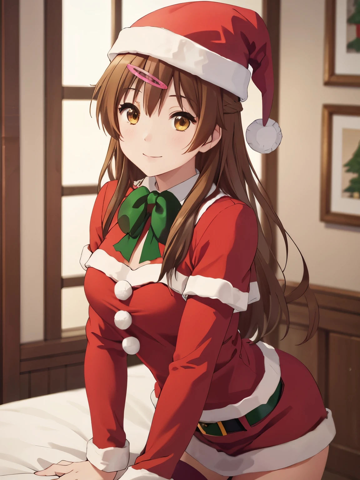 masterpiece,最 high quality, high definition,Super detailed,Nyuya Morika,Long Hair, One side up, hair clip that invites you with your hand,indoor,Cafe,smile, (Advanced Details, high quality:1.3)、Beautiful black hair 、 closed mouth、smile、 (Santa hat、Santa costume:1.5)、(Genuine、Realistic、Realistic:1.2)、 high definition、超 high definition、Fine painting、Physically based rendering、 cowboy shot、 lean forward