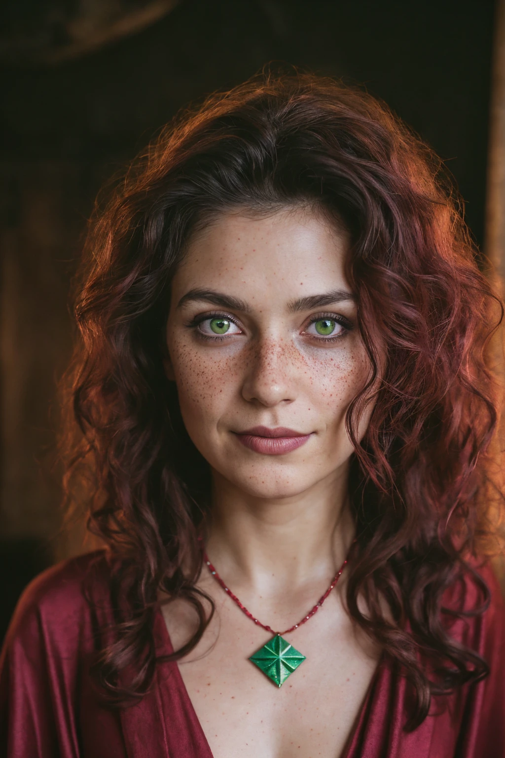 (close-up, editorial photograph of a 30 year old woman), (highly detailed face:1.4) (smile:0.7) (background inside dark, moody, private study:1.3) POV, by lee jeffries, nikon d850, film stock photograph ,4 kodak portra 400 ,camera f1.6 lens ,rich colors, hyper realistic ,lifelike texture, dramatic lighting , cinestill 800, wavy hair, messy hair, curls, Mischievous smirk, Black hair, green eyes, freckles, Crimson Cloak, Purple Robe, Jewels, Necklace, Witchcraft, Red Aura, Sumerian woman, sumerian skin, Sumerian expression, Astral Plane, Scarlet Woman, Babalon, Thelema