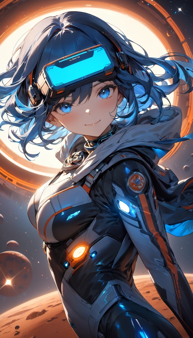 (((Best quality, 8k, Masterpiece: 1.3)), ((best quality)), ((masterpiece)), (detailed), perfect face, perfect body, A beautiful blue-haired girl wearing head mounted display, a sci-fi action set on Mars in the 2500s, a body suit with a black base that emits a glow, a complex pattern that emits light, a smiling face, and blue eyes staring at you, cowboy shot, from side, anchor choker, cinematic lighting, sparkle