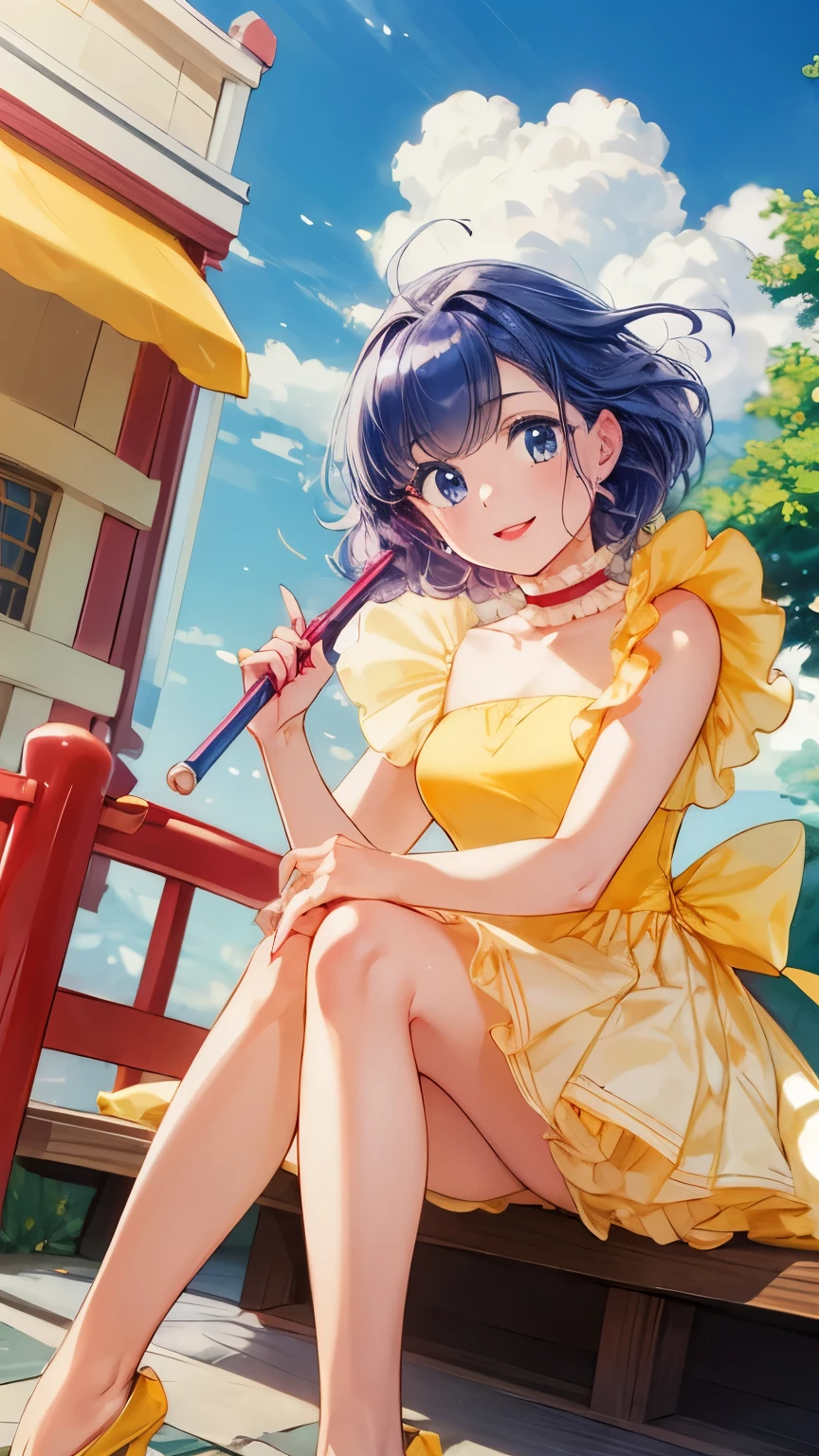 (masterpiece, best quality), high resolution picture of a Japanese girl, intricate details, extremely detailed, solo, 1girl, mami, sensual posture, (yellow dress, frills, wand), (smile), perfect anatomy, perfect hands, outdoors, suburban, blue sky and clouds,