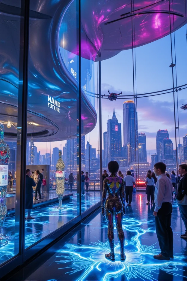 A photorealistic, ultra-high-definition image of the Museum of the Future, set in a cyberpunk-inspired megacity. The building is sleek and futuristic, blending organic curves with metallic angles, glowing in neon blue and purple lights. Inside, anti-gravity displays showcase the history of humanity, from ancient analog devices to advanced cybernetic implants. Each exhibit floats in holographic fields with interactive data streams and dynamic projections. Glass floors reveal flowing circuits beneath, adding a mystical energy.Visitors are diverse: cyber-enhanced humans, some with neon-tinted eyes or tiny AI drones hovering nearby. ren interact with holo-sculptures, while adults study artifacts, faces lit by the soft glow of neon. Robotic curators with polished, humanoid forms move around, offering guidance in multiple languages via augmented reality. Large transparent walls show the vibrant cityscape outside, where skyscrapers and hovering vehicles fill the dusk-lit sky, blending the lines between museum and city.The museum is filled with intricate details, capturing every polished chrome surface, shimmering hologram, and subtle texture. Everything is vividly clear and perfectly focused, immersing viewers in the contrasting fusion of human history and futuristic visions. This scene exudes a sense of wonder, inviting exploration into the potential futures of humanity in a detailed, enchanting cyberpunk world.