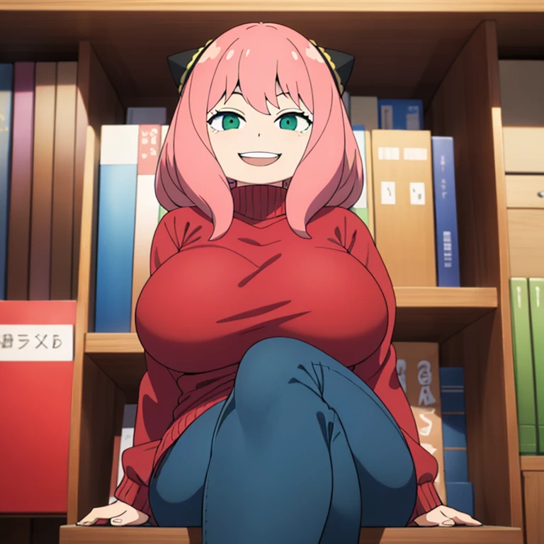 1girl, anya_(spy_x_family), pink_hair, female_teen, solo, green_eyes, smile, open_mouth, teenage, looking_at_viewer, portrait, smile, upper_teeth_only, bookshelf, huge breast, thick legs, sitting down, red sweater, off shoulder shirt, long sleeve shirt, blue jean, long jean, ripped jean