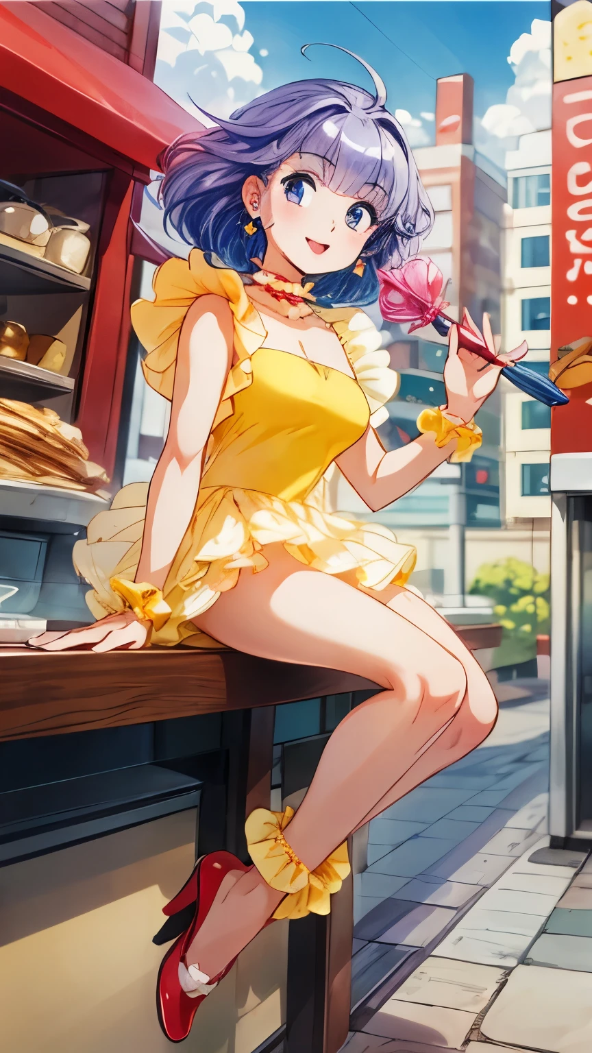 (masterpiece, best quality), high resolution picture of a Japanese girl, intricate details, extremely detailed, solo, 1girl, mami, sensual posture, (frilled yellow dress, puff sleeves, frill choker, frill cuff, frill anklets, pamps, wand, earrings, star shaped, jewelry), (smile), perfect anatomy, perfect hands, outdoors, cityscape, crepe shop, blue sky and clouds,