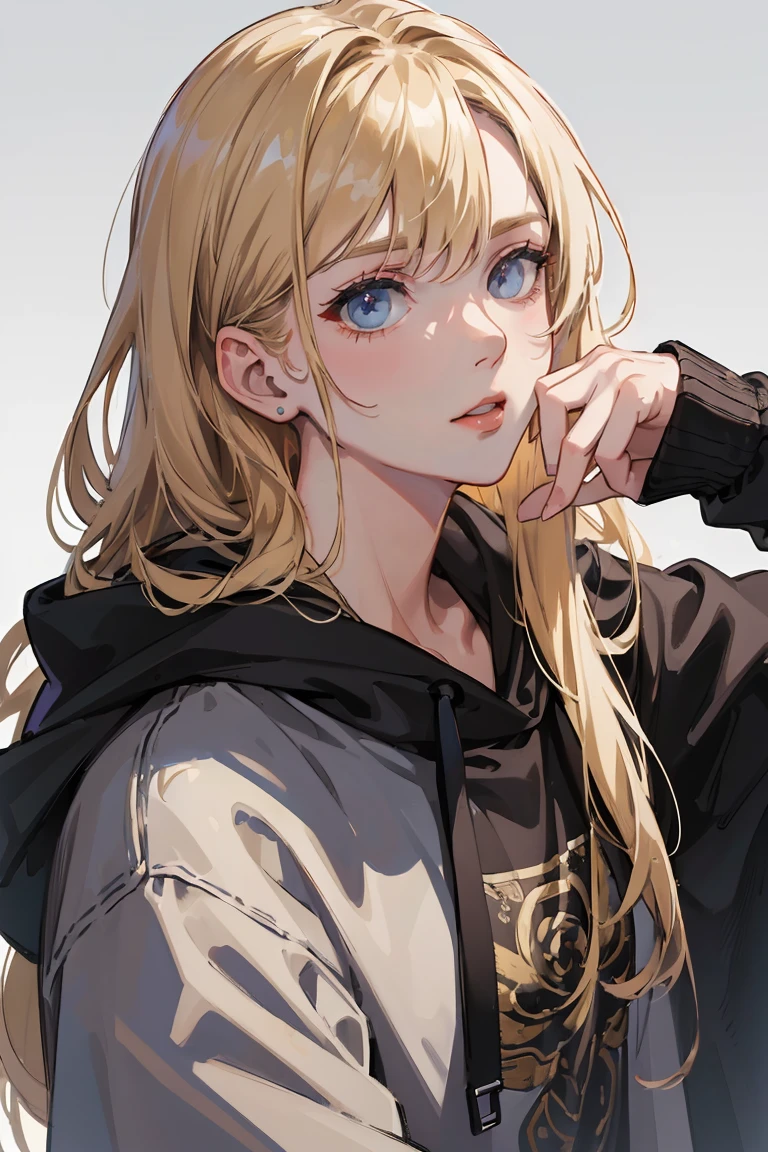 (masterpiece,detailed,highres:1.4) , half body shot, semi-realistic,detailed face, fine detailed eyes,long blonde hair,grey eyes,black oversized hoodie,dim room background, vibrant colours, hdr,