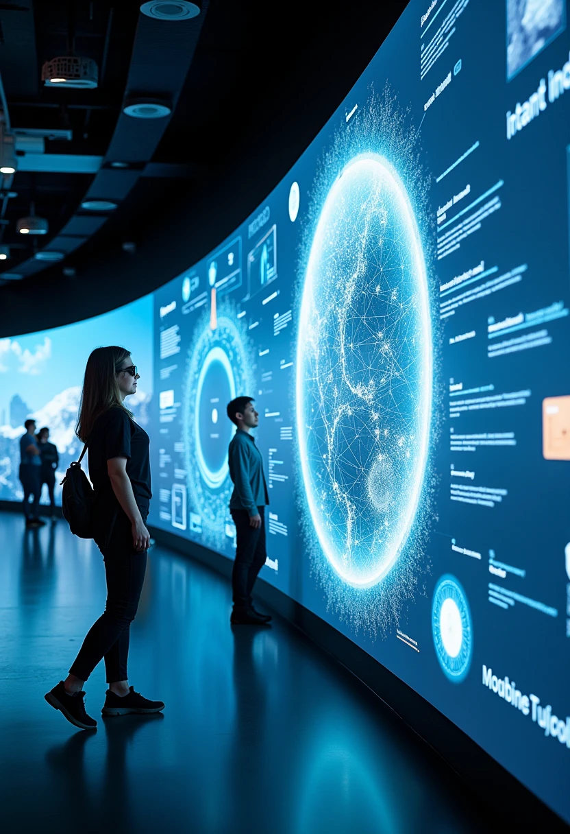  Future Museum、 three-dimensional virtual reality projected on a large panel、 VR game-like display that can be felt with a headset 、 data is on display 、近 Future Museum、 surrealism、Live Action Photo 8K Quality 、 advanced lighting technology 、Cinematic images 