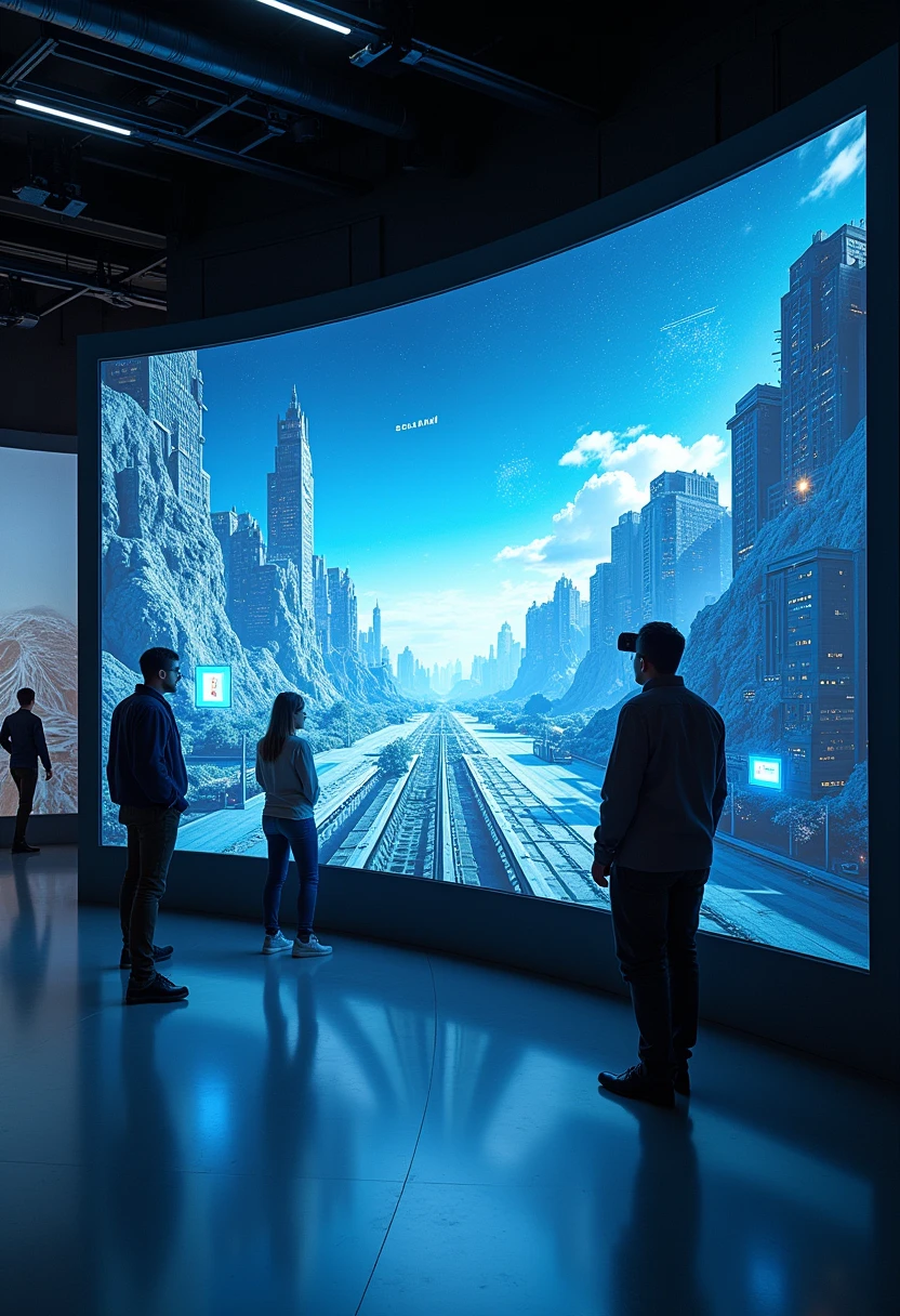  Future Museum、 three-dimensional virtual reality projected on a large panel、 VR game-like display that can be felt with a headset 、 data is on display 、近 Future Museum、 surrealism、Live Action Photo 8K Quality 、 advanced lighting technology 、Cinematic images 