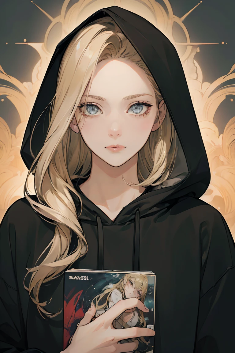 (masterpiece,detailed,highres:1.4) , half body shot, semi-realistic,detailed face, fine detailed eyes,long blonde hair,grey eyes,black oversized hoodie,dim room background, vibrant colours, hdr, graphic novel style