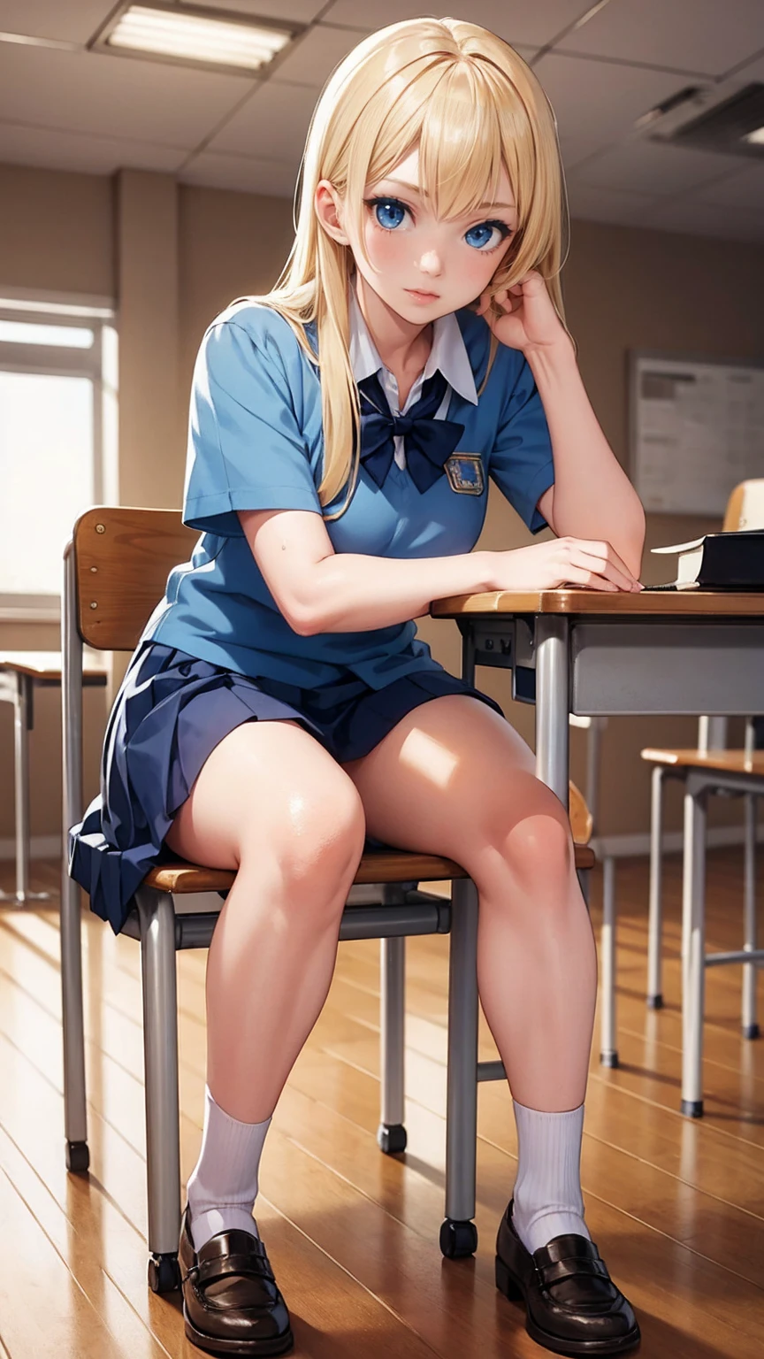  blond haired girl,  realistic detailed blue eyes, wearing school uniform,  sitting on a chair , in your classroom 