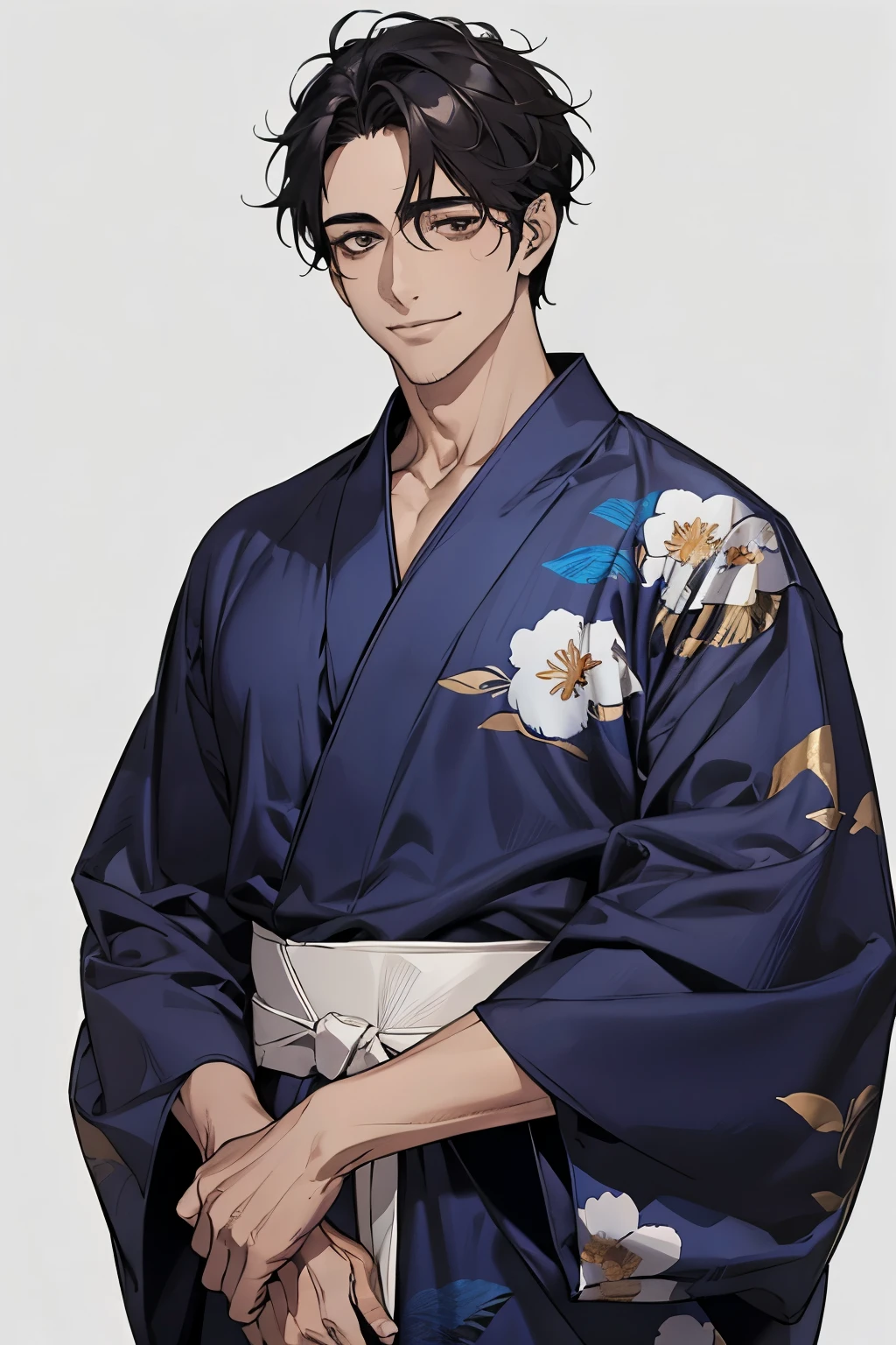 male,Black Hair, ((40 year old man )), navy blue plain yukata, (White background),  brown skin, slouchy smile