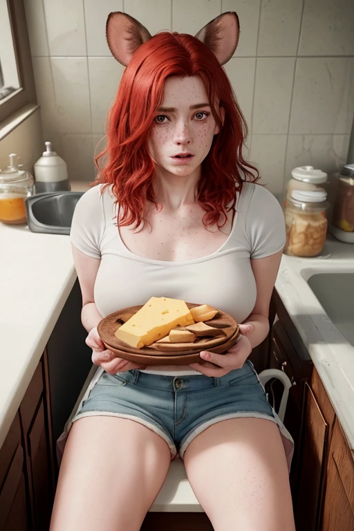 A cute mouse girl with large mouse ears and a long tail, short red hair, white rat ears, large yellow eyes, freckles, thin lips, round face, medium breasts, wearing a white top, wide hips, exposed rat tail, thick thighs, short shorts, barefoot, sitting on a kitchen sink, eating cheese, looking at the viewer in fright, highly detailed facial features, intricate details, vibrant colors, natural lighting, cinematic composition, (best quality,4k,8k,highres,masterpiece:1.2),ultra-detailed,(realistic,photorealistic,photo-realistic:1.37)