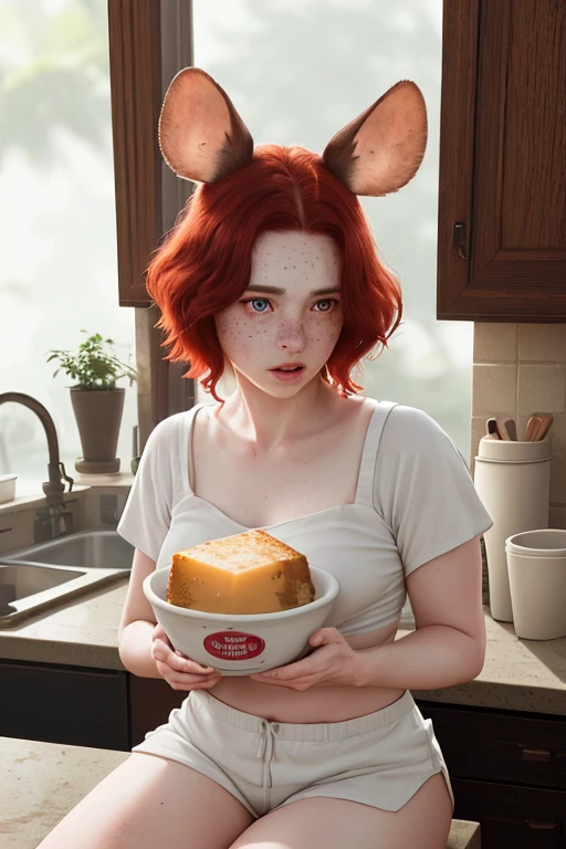 A cute mouse girl with large mouse ears and a long tail, short red hair, white rat ears, large yellow eyes, freckles, thin lips, round face, medium breasts, wearing a white top, wide hips, exposed rat tail, thick thighs, short shorts, barefoot, sitting on a kitchen sink, eating cheese, looking at the viewer in fright, highly detailed facial features, intricate details, vibrant colors, natural lighting, cinematic composition, (best quality,4k,8k,highres,masterpiece:1.2),ultra-detailed,(realistic,photorealistic,photo-realistic:1.37)