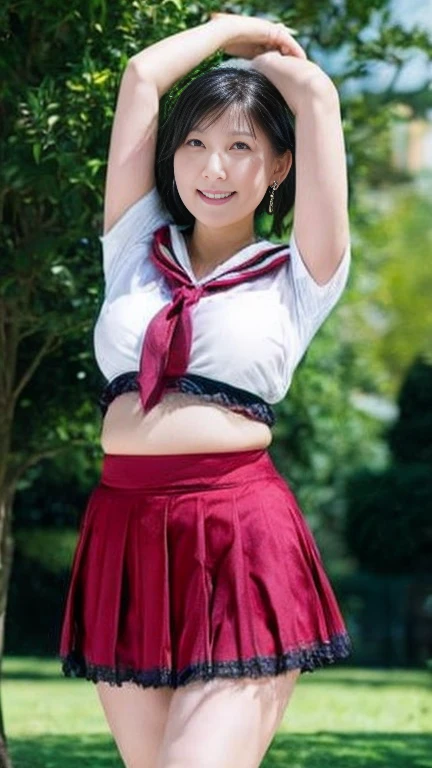  Japanese Milf,55 years old, white skin,(curvy body, big chest, plump thighs:1.5),(rebellion,red_skirt, school uniform, black_Bra, underwear,Lingerie,midriff,red_sailor_collar, earrings, High Heels :1.2),( standing in the park, take a picture of the whole body from toe to head,full body,standing:1.2),looking at viewer,smile, surrealism, depth of field, from below, Sony FE, 8k, Beauty, arms up