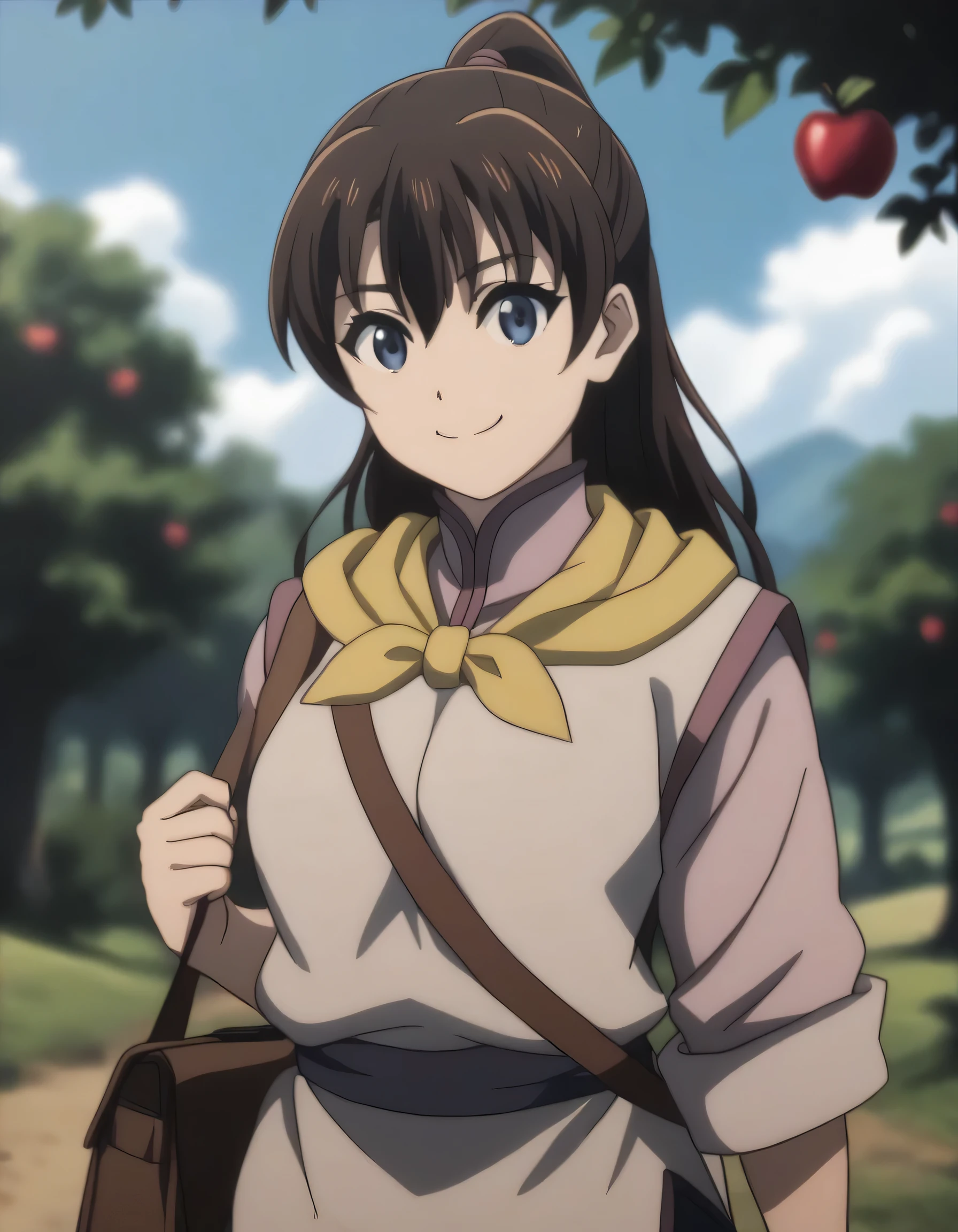 score_9, score_8_up, score_7_up, ((gsfghtr)), multicolored robe, neckerchief, 1girl, bright, best lighting, smile, apple orchard, blue sky, sling bag slung across chest