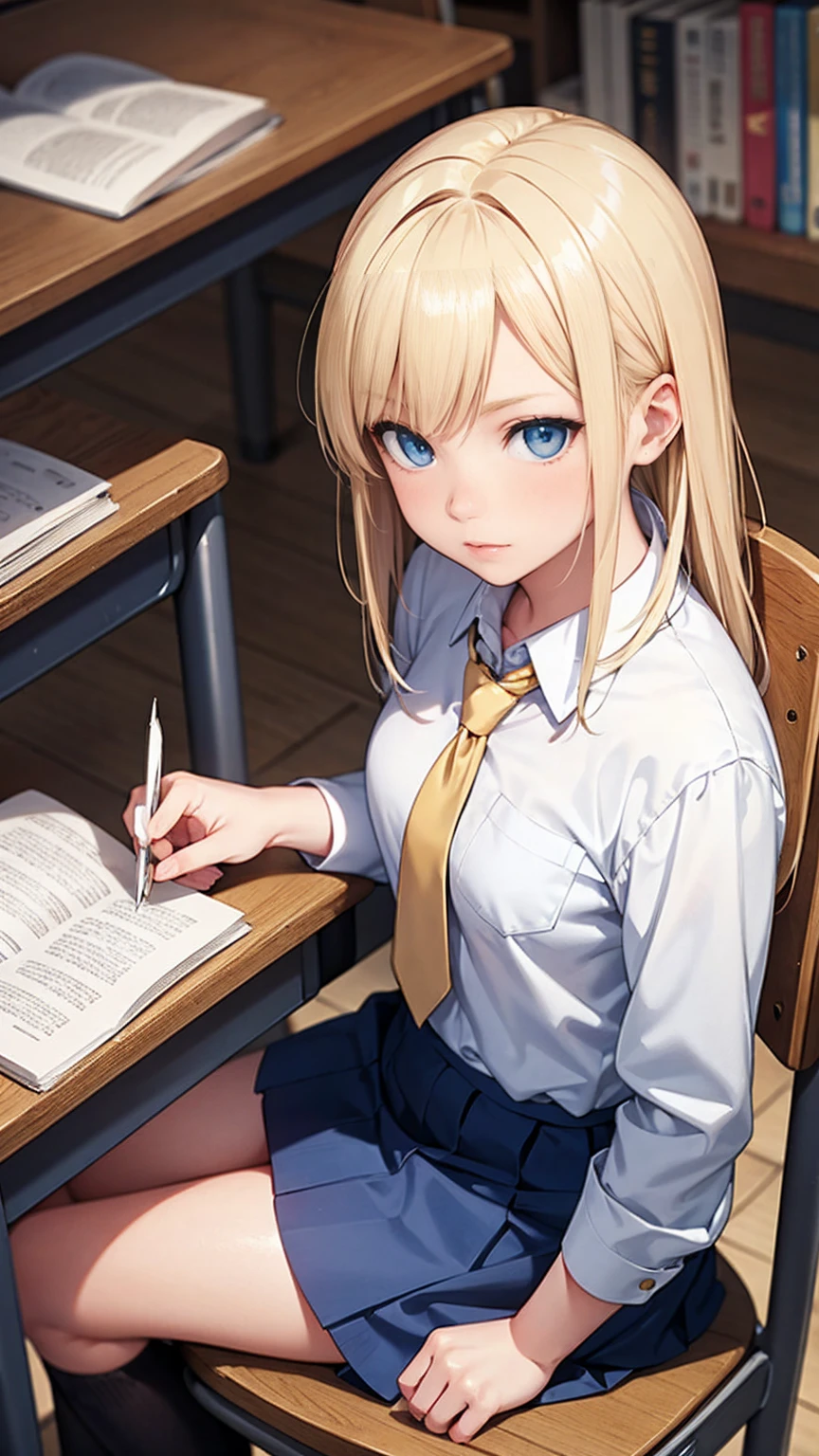  blond haired girl,  realistic detailed blue eyes, wearing school uniform,  sitting on a chair , in your classroom,  reading a book 