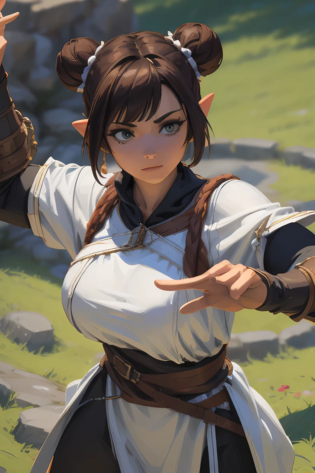 masterpiece, highres, photorealistic, real, Real photo, best quality, 8k, best quality, realistic, ultra-detailed, perfect lighting, cinematic lighting, warm light, female, solo, looking at viewer, , ultra detailed skin, ciri_, medieval, outdoors, cleavage, longsword, green eyes, long hair masterpiece, highres, photorealistic, real, Real photo, best quality, 8k, best quality, realistic, ultra-detailed, perfect lighting, cinematic lighting, warm light, female, solo, action pose, stand pose, epic pose, LAUFEN, SHORT HAIR, DOUBLE BUN, BLUNT BANGS