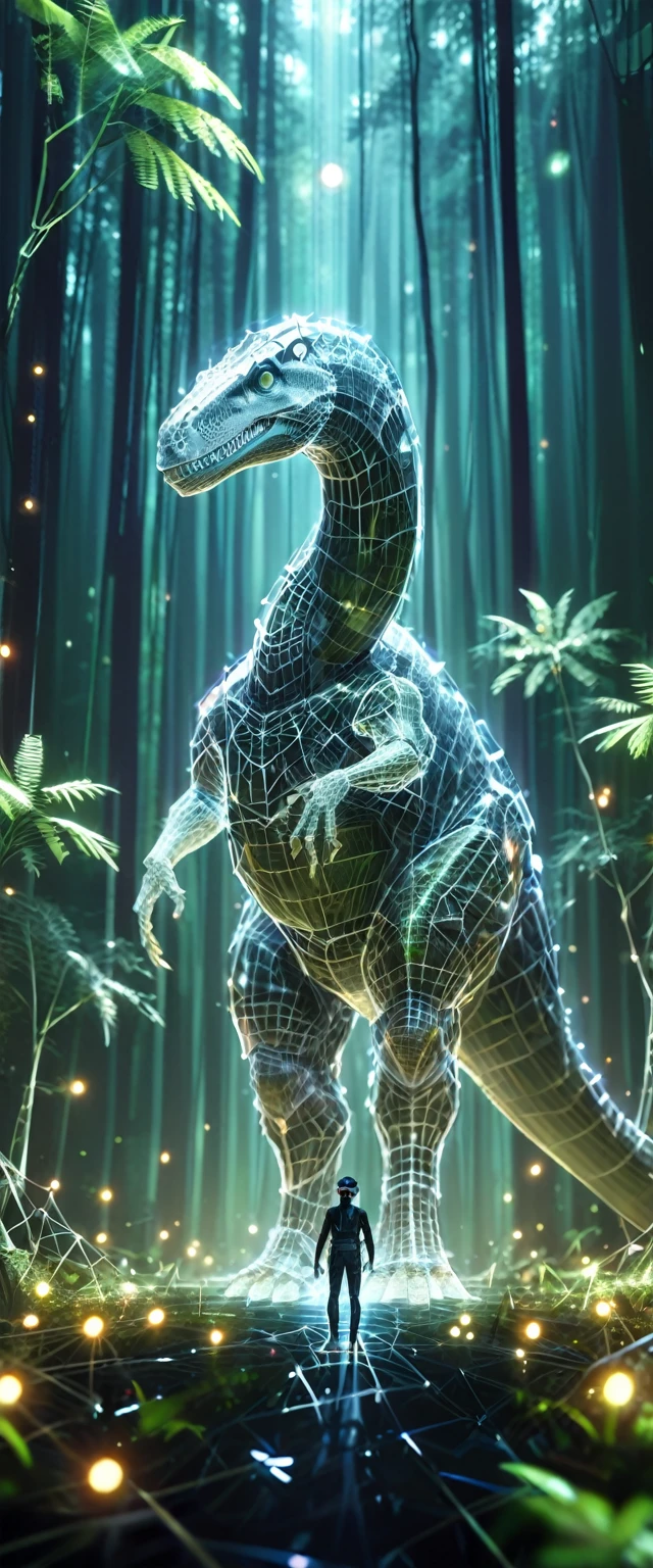 Virtual reality anime scene of players navigating through a digital world. A man with a VR headset standing in the middle, facing the viewer. The forest with a giant brachiosaurus standing behind the man. Wireframe can be seen in parts of the dinosaur's body and the environment. Camera with bokeh effect, with the dinosaur blurry in the background.