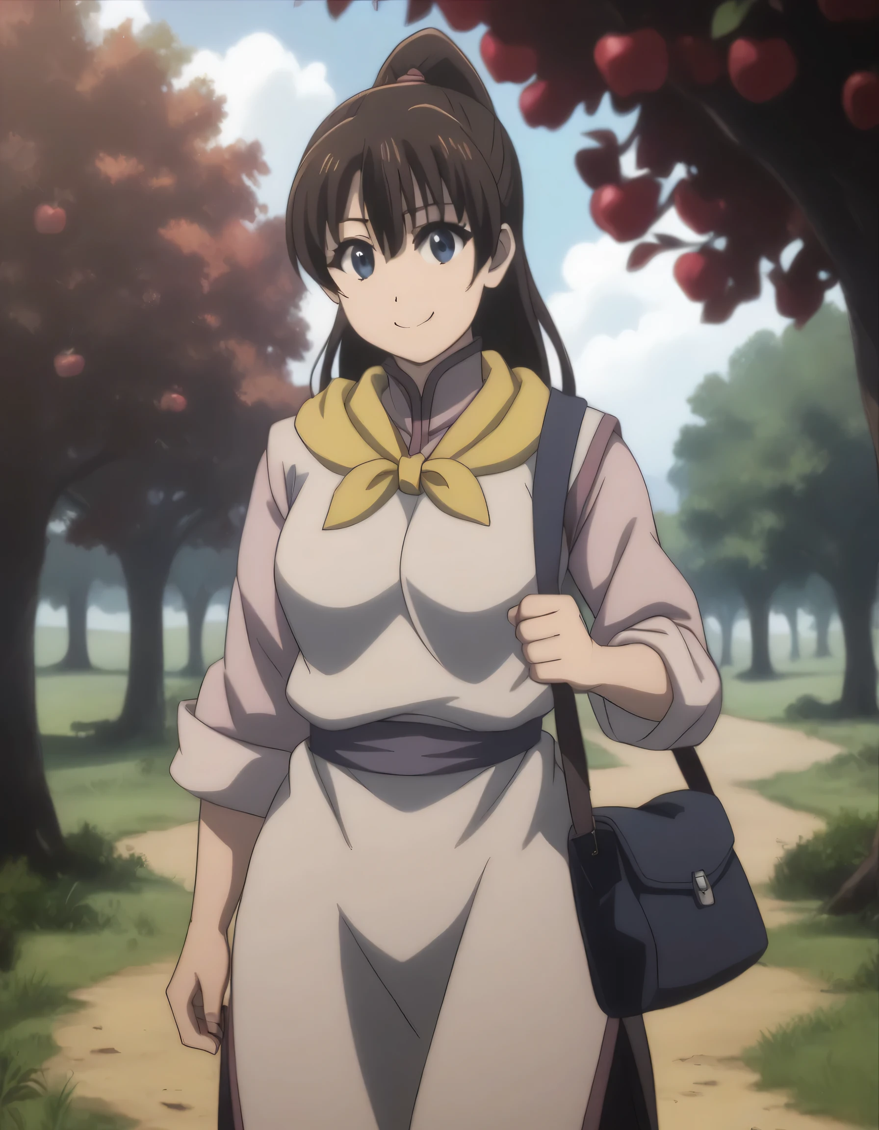 score_9, score_8_up, score_7_up, ((gsfghtr)), multicolored robe, neckerchief, 1girl, bright, best lighting, smile, apple orchard, blue sky, sling bag slung across chest