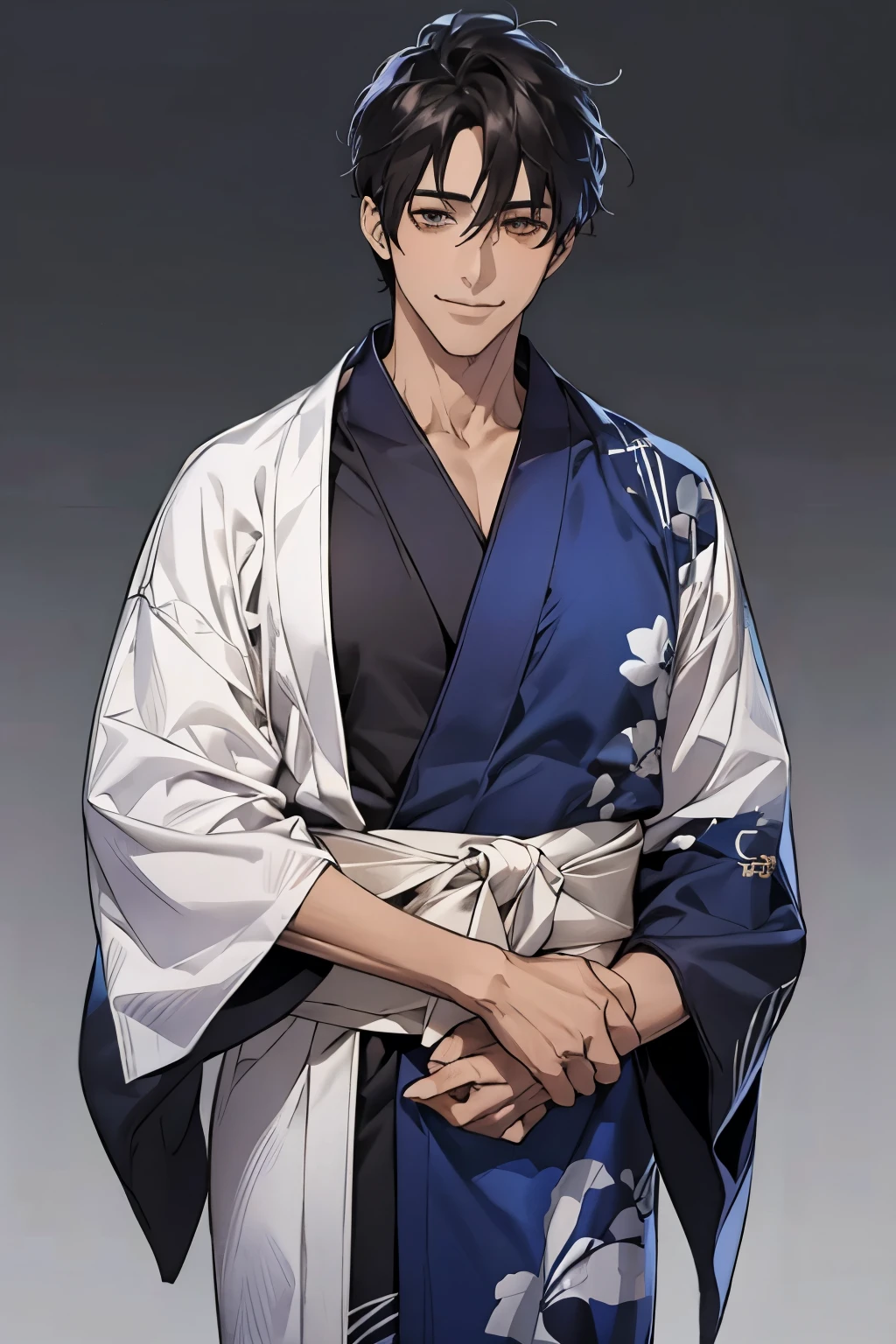 male,Black Hair, ((40 year old man )), navy blue plain yukata, (White background),  brown skin, slouchy smile