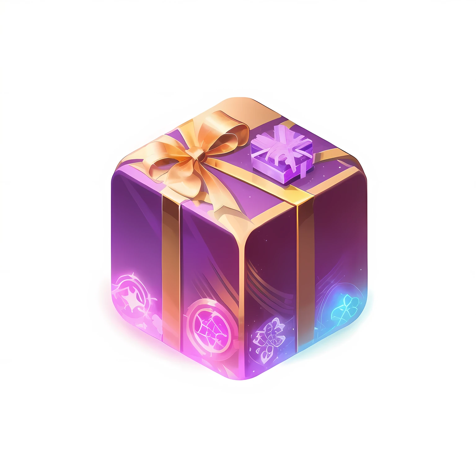 This hyper-casual gift icon presents a blackfriday-themed energy core, inspired by futuristic technology and industrial aesthetics. At the center of the icon is a glowing energy core, surrounded by complex mechanical components that convey a strong sense of jewerly. The entire icon uses cool shades of white, purple and gold, complemented by gift and discounts, creating an atmosphere of rich gift. The intricate play of light and shadow, along with the cartoon textures, gives the icon a significant visual impact, black background