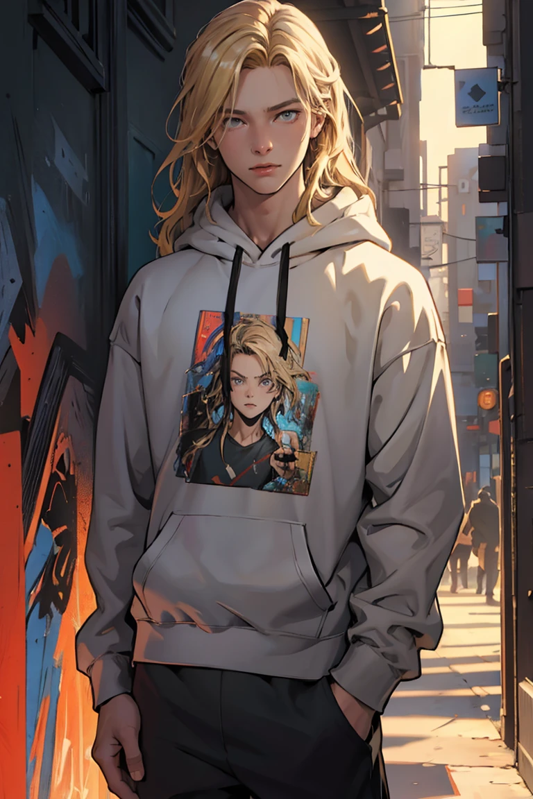 (masterpiece,detailed), semi-realistic,detailed face, fine detailed eyes, young, male, long blonde hair,grey eyes, slim, black oversized hoodie,dim room background, vibrant colours, hdr, graphic novel style