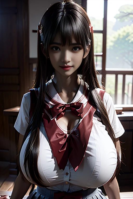 honoka dead or alive , steam , rain , plaid skirt , pleated skirt , Tight shirt , white Shirt , school girl sit , (masterpiece, best quality, hires, high resolution:1.2, 4k, 8k , high quality), extremely detailed, realistic, intricate details, highres , (large breasts, thick thighs, wide hips), arched back,(cinematic lighting, sunlight, perfect lighting, backlighting), eye-level shot, extreme close-up-shot, looking at viewer , best quality , red bow , red knot , (masterpiece, best quality:1.2), solo, 1girl, honoka , skull hair ornament , single glove, black gloves , white thighhighs