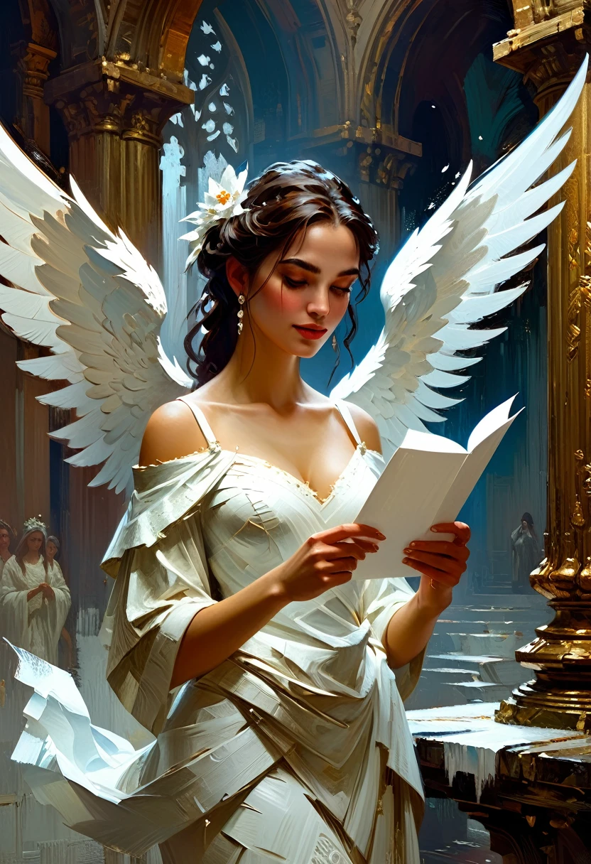 Angel holding white paper, divine atmosphere, oil painting with heavy impasto, elegant intricate artstation concept art by craig mullins detailed