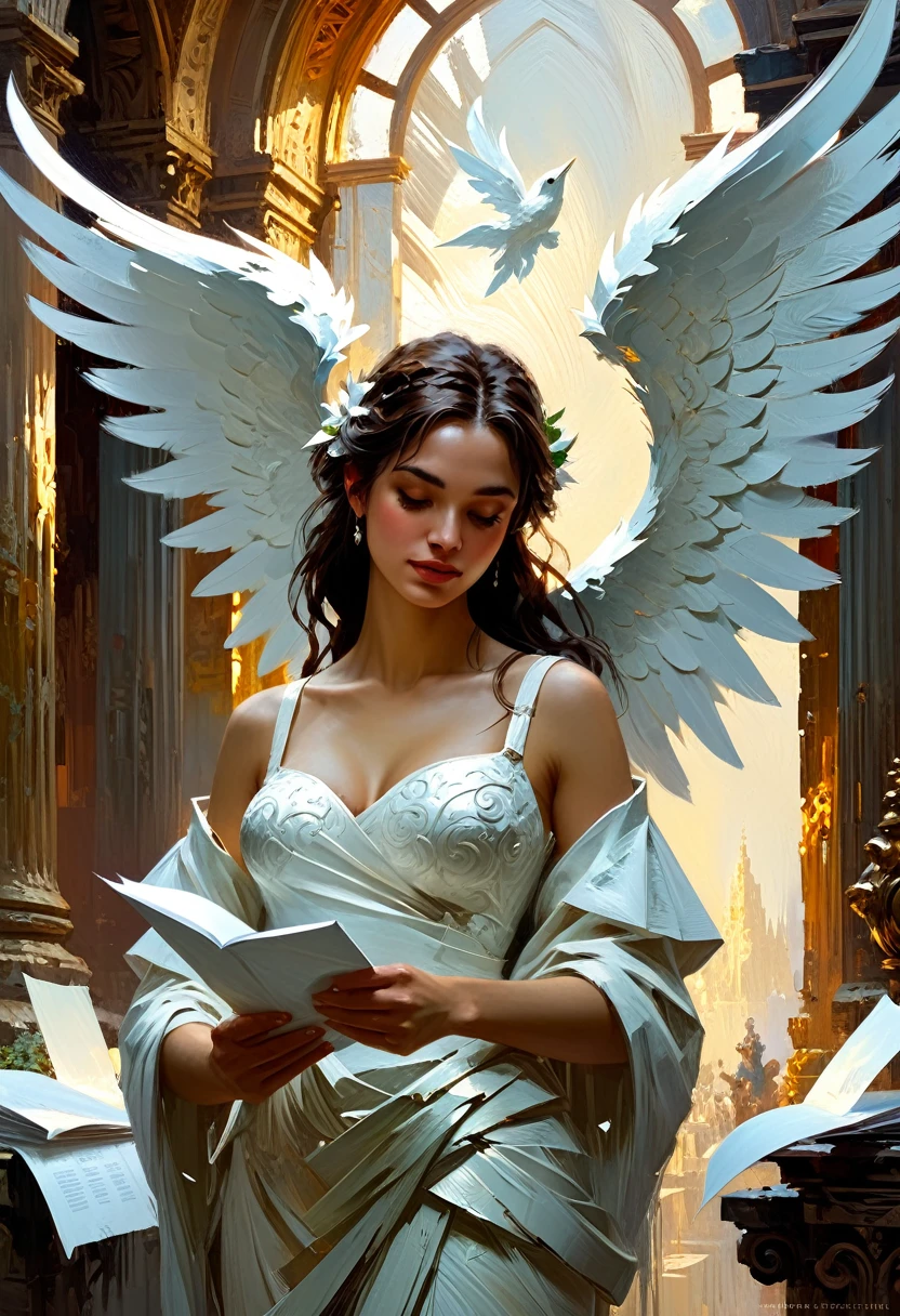 Angel holding white paper, divine atmosphere, oil painting with heavy impasto, elegant intricate artstation concept art by craig mullins detailed