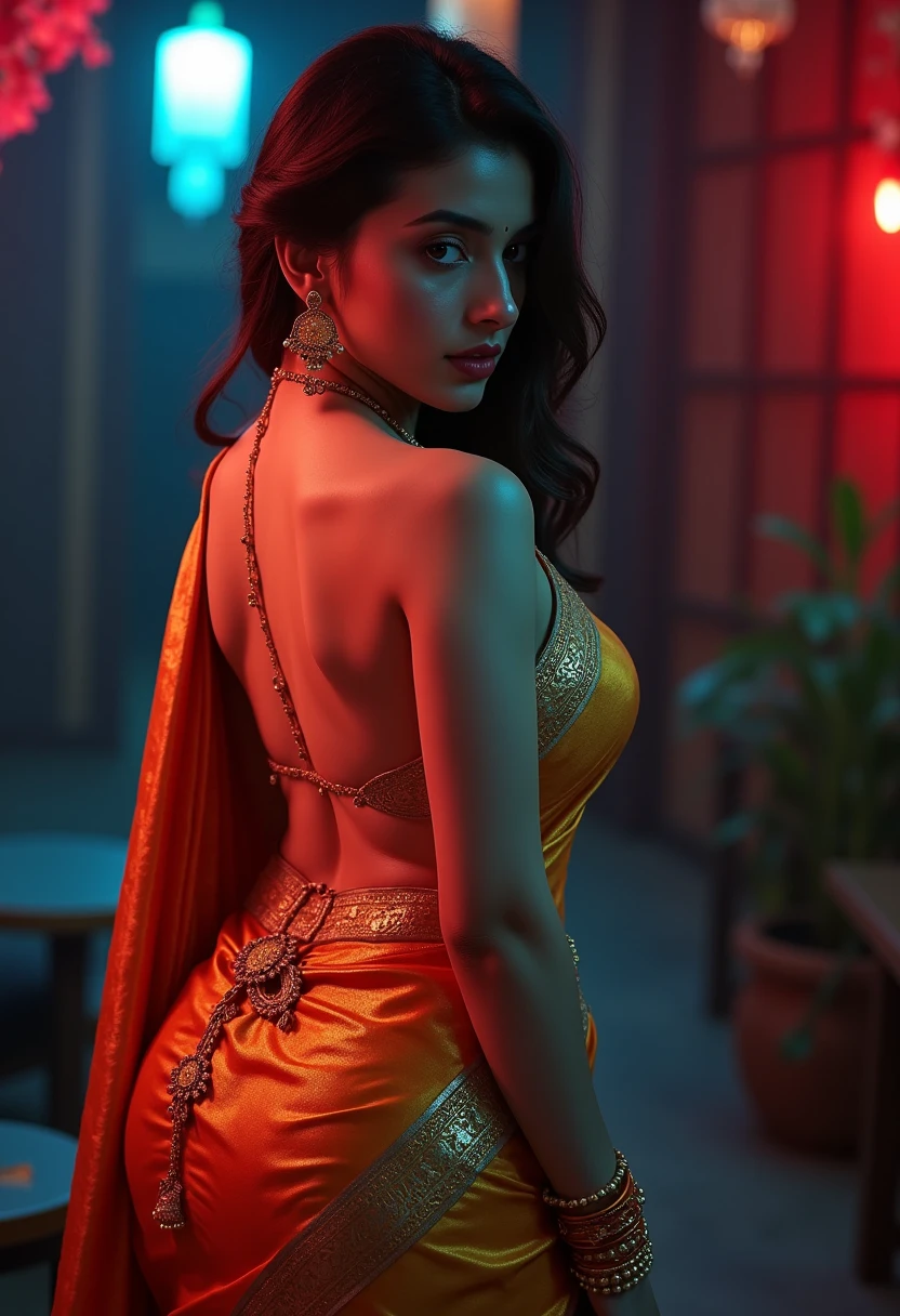 a beautiful woman in a saree, bare back, topless, detailed portrait, highly detailed face, detailed eyes, realistic, photorealistic, 8k, cinematic lighting, bright color tones, glowing skin, intricate fabric details, elegant pose, dramatic shadows, golden jewelry, mystical atmosphere, busty naked , Pooja 