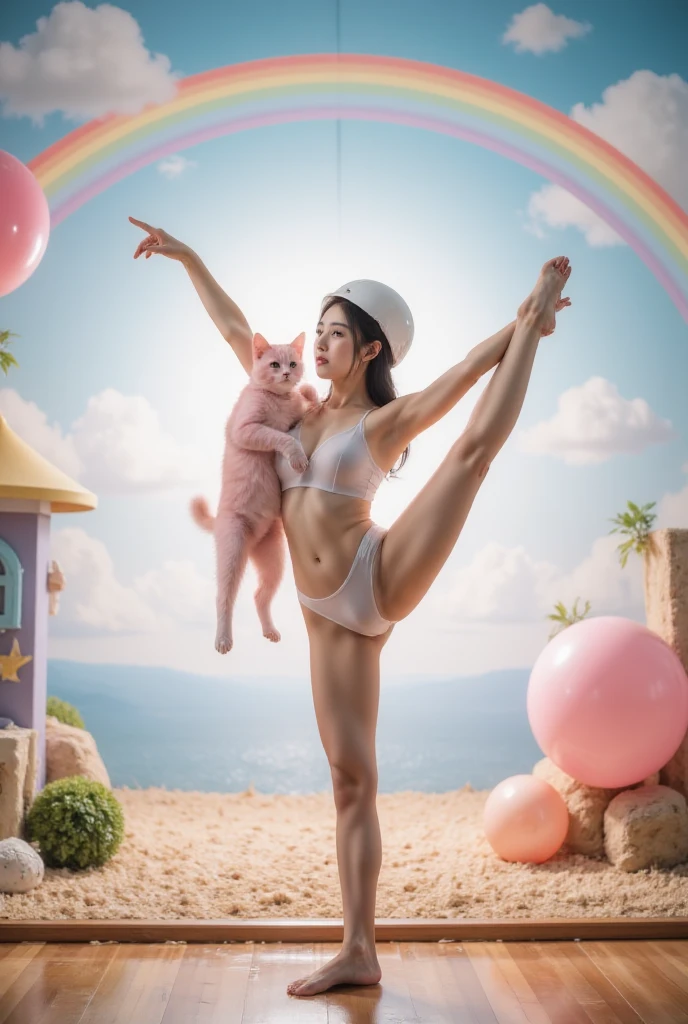 （（（（（Standing Splits）））））， Transparent tights ， a pink space navy holding a cat,  cute fantasy background , rainbow,  spreading love meme , x holding y ,  Double Exposure ,  laser background or space background , photo, helmet