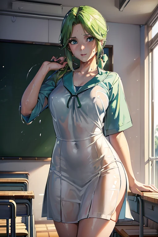  MASTERPIECE
(woman,The facial expression is accurate,Anime style face,Greenish blue eyes )
Group
((((Location: School classroom))))
((((The location is school))))
((((womanは授業を受けている))))
8k((((High school girl))))
8k(((((Wet)))))
((Staring at me))
 chest emphasis 