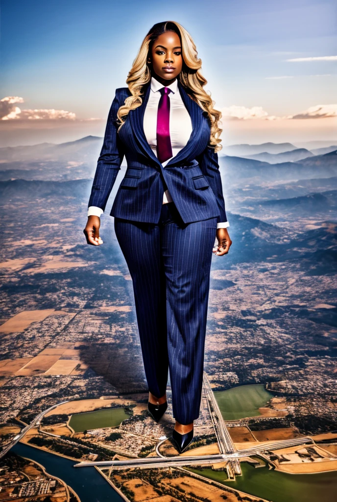 A sophisticated and stylish black woman in a light grey pinstriped trouser suit, white shirt, and a large wide royal blue necktie in a windsor knot, with a beautiful, curvaceous figure, massive breasts, and long blonde wavy hair, with a curvaceous figure and massive breasts. wearing rounded platform high heels with uncovered feet and laying down, rampage-like pose, with a cityscape background of mega-city, urban sprawl, and small towns, giant montains, partially obscured by a hazy, cloudy atmosphere. The image is a high-resolution, masterpiece-quality, cinematic, ultra-detailed, and hyper-photorealistic photograph, with perfect hands, face, and lighting. ultra-detailed, 8K, photo-realistic, hyper-realistic, masterpiece, intricate details, full body view. Looking at camera, The image is a high-resolution, masterpiece-quality, cinematic, ultra-detailed, and hyper-photorealistic photograph, with perfect hands, face, and lighting. ultra-detailed, 8K, photo-realistic, hyper-realistic, masterpiece, intricate details, full body view