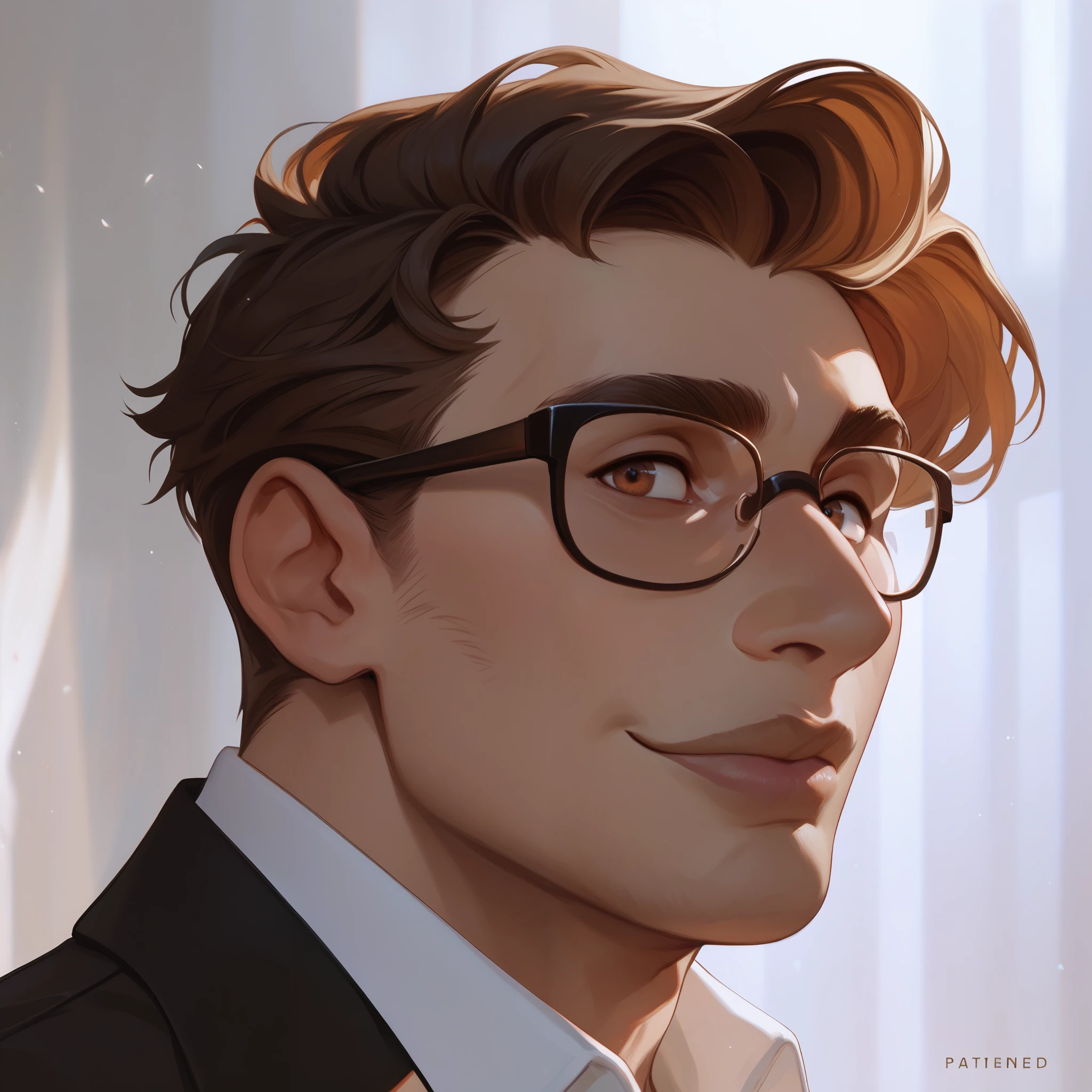 (perfect, masterpiece, best), handsome man, black-rimmed glasses, shaven, short hair, dark brown hair, hazel eyes, soft lips, smiling, square jaw, close up