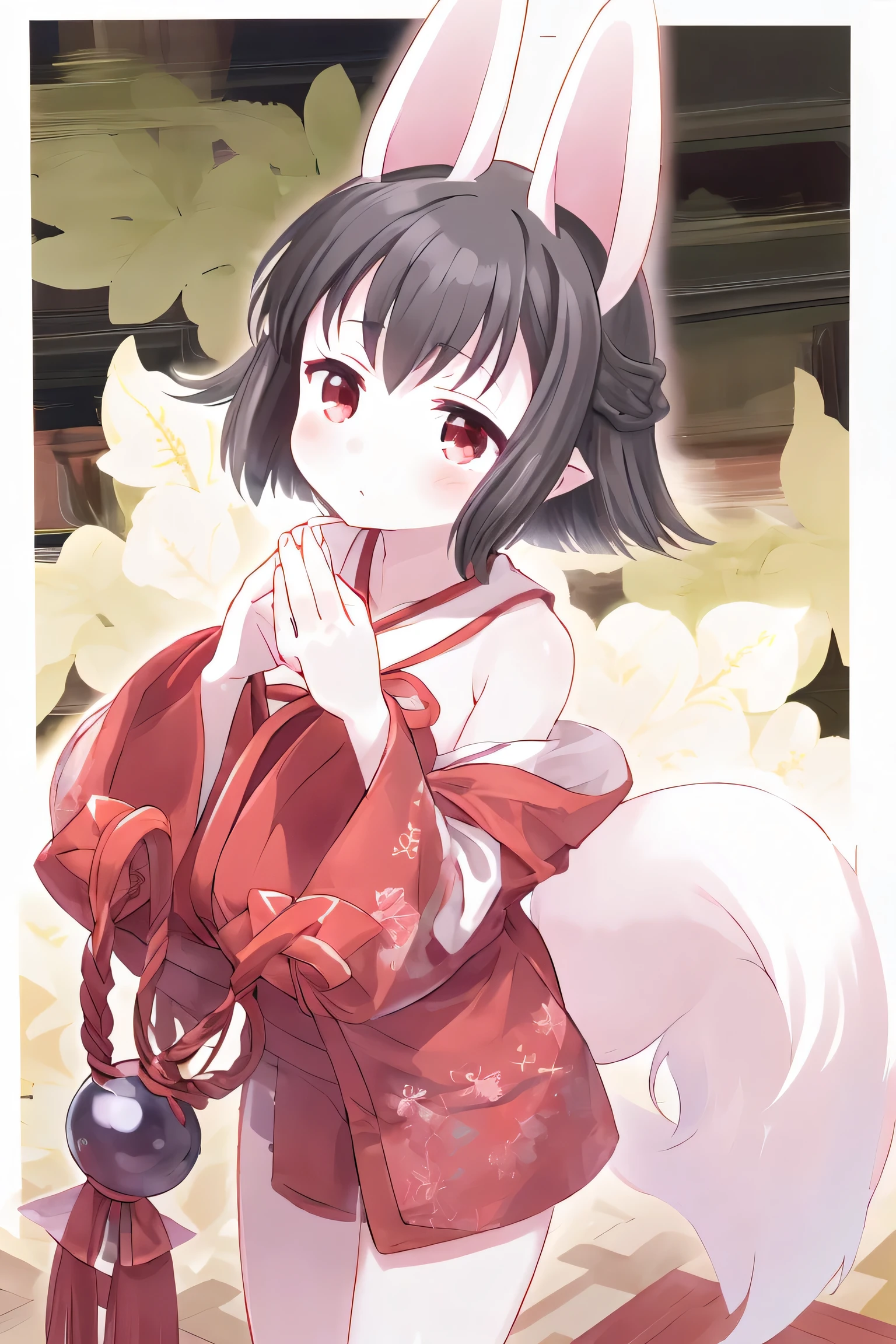 masterpiece, Best Quality, beautiful, high definition, COMPLETE ANATOMY, top-quality、 8k、 Hasaha 、red eyes, Black Hair, Short Hair,Braided Short Cut, white fox ears, White fox tail, a beauty girl、 Nice、 beautiful髪、 beautiful目、 beautiful肌、beautiful脚、beautiful腕、Perfect fingers、 very cute、 very cute、