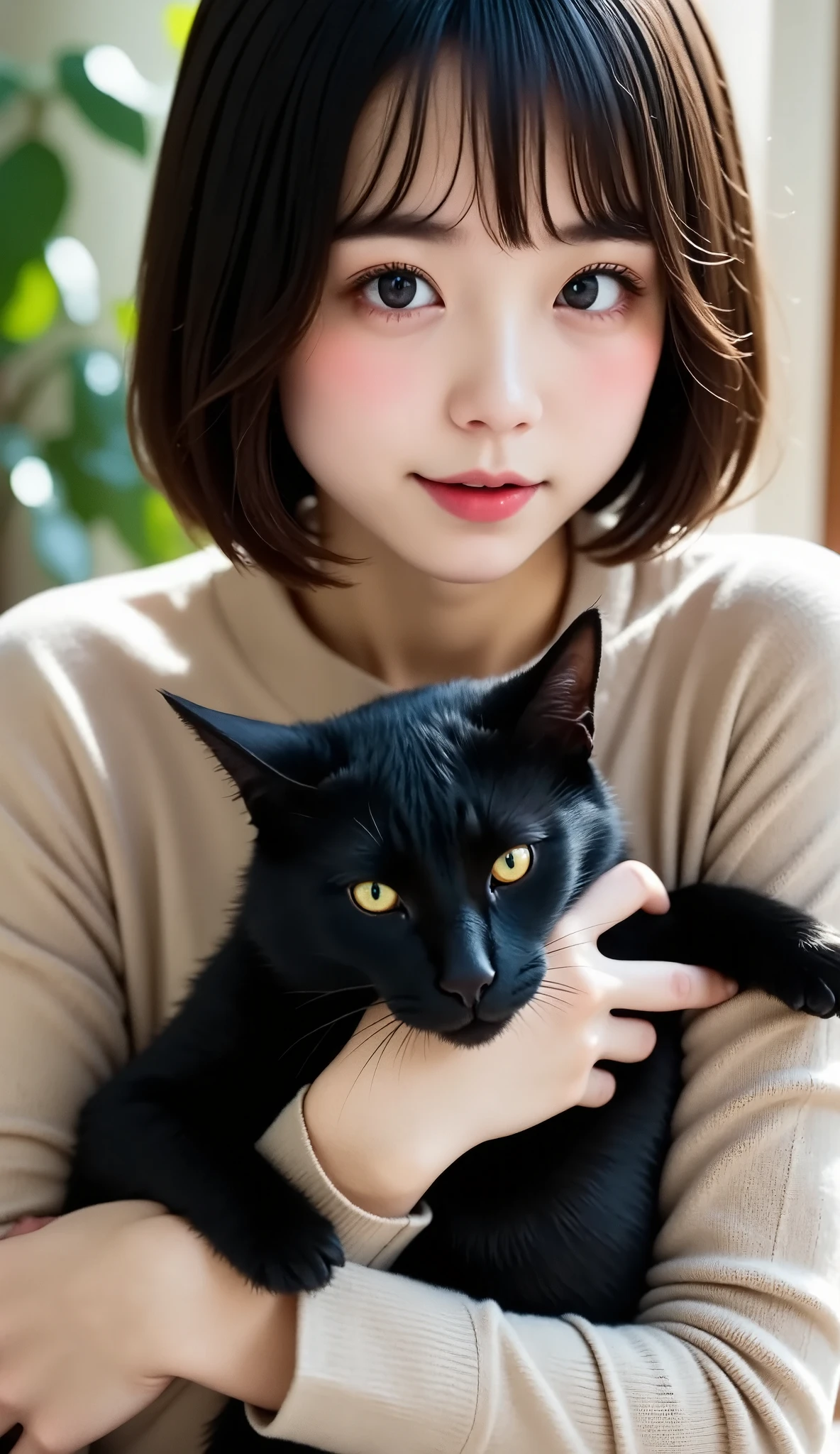 top-quality、Black Catを抱いている***、cute、 short bob、Black Cat、 natural appearance 、、Natural Light