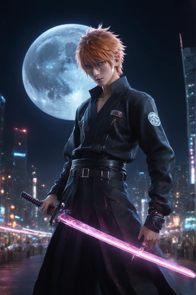 Ichigo Kurosaki, face with maximum detail in high resolution, faithful to the anime, facial expression in high resolution, clothes also with the highest fidelity and details possible, futuristic clothes and accessories, dynamic fighting poses with Tensa Zangetsu sword, high rendering , futuristic neon city lighting, starry night, waning moon.