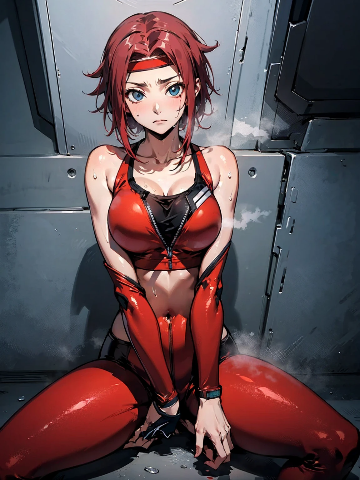  Karen Kouzki、masterpiece,Best Quality、 Ultra HD、Exquisite depiction、Detailed texture expression、 best quality, masterpiece,  high definition, Alone,I'm wearing a red pilot suit、Sit with your hands on the ground、Open the front of the suit、sweat、 steam 、 sports bra 